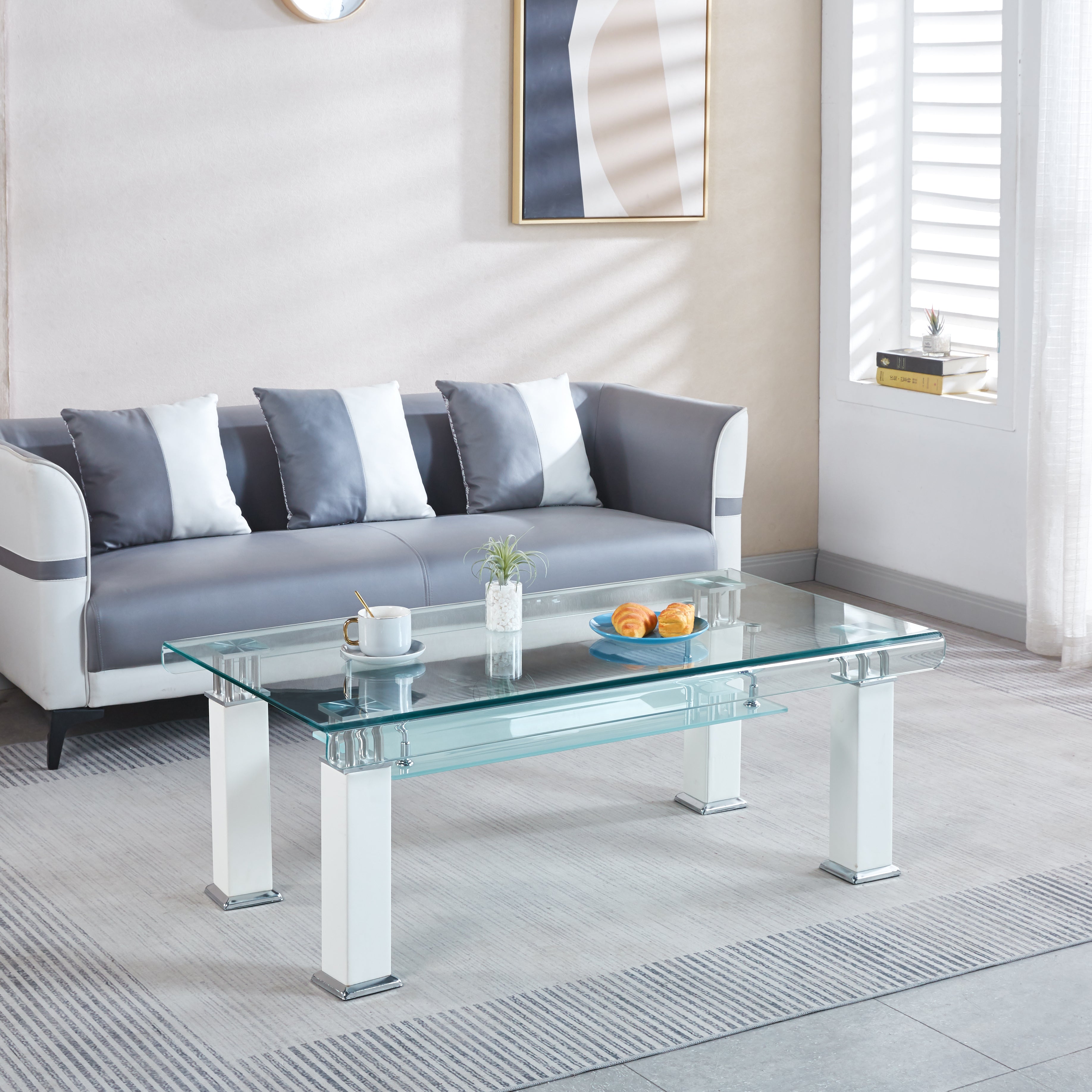 Modern Glass Coffee Table with Leatherette Accents
