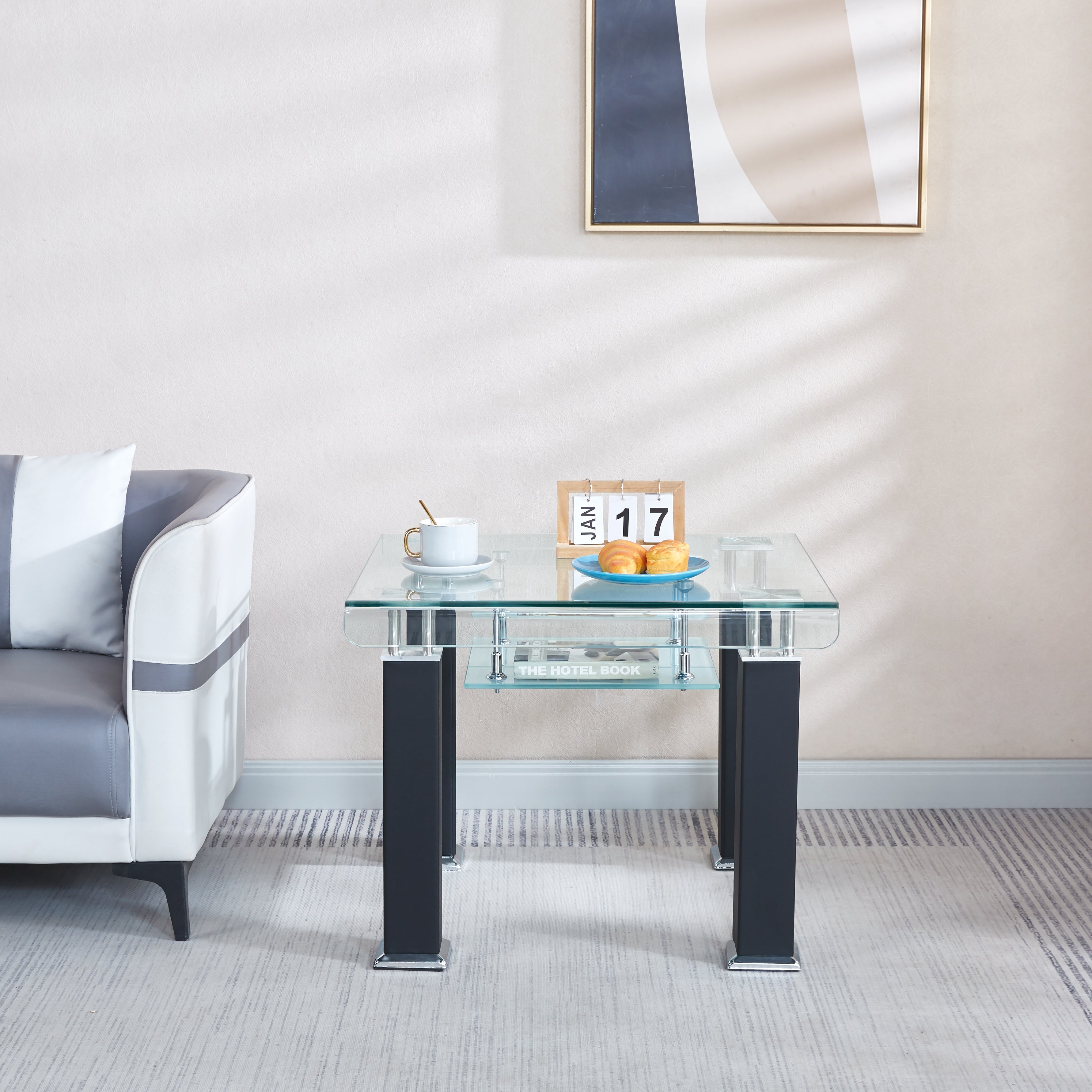 Modern End Table with Tempered Glass and Leatherette