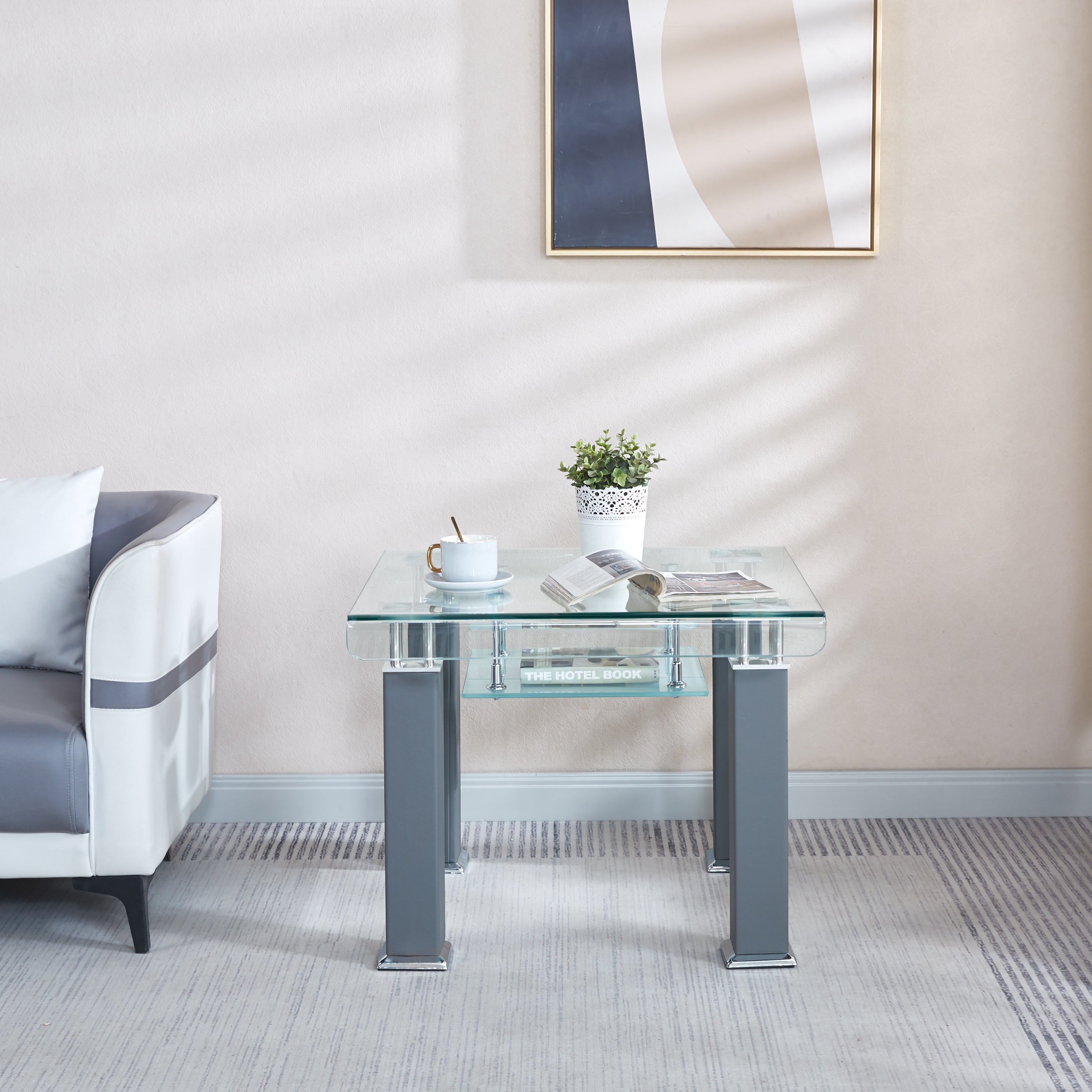 Modern End Table with Tempered Glass and Leatherette