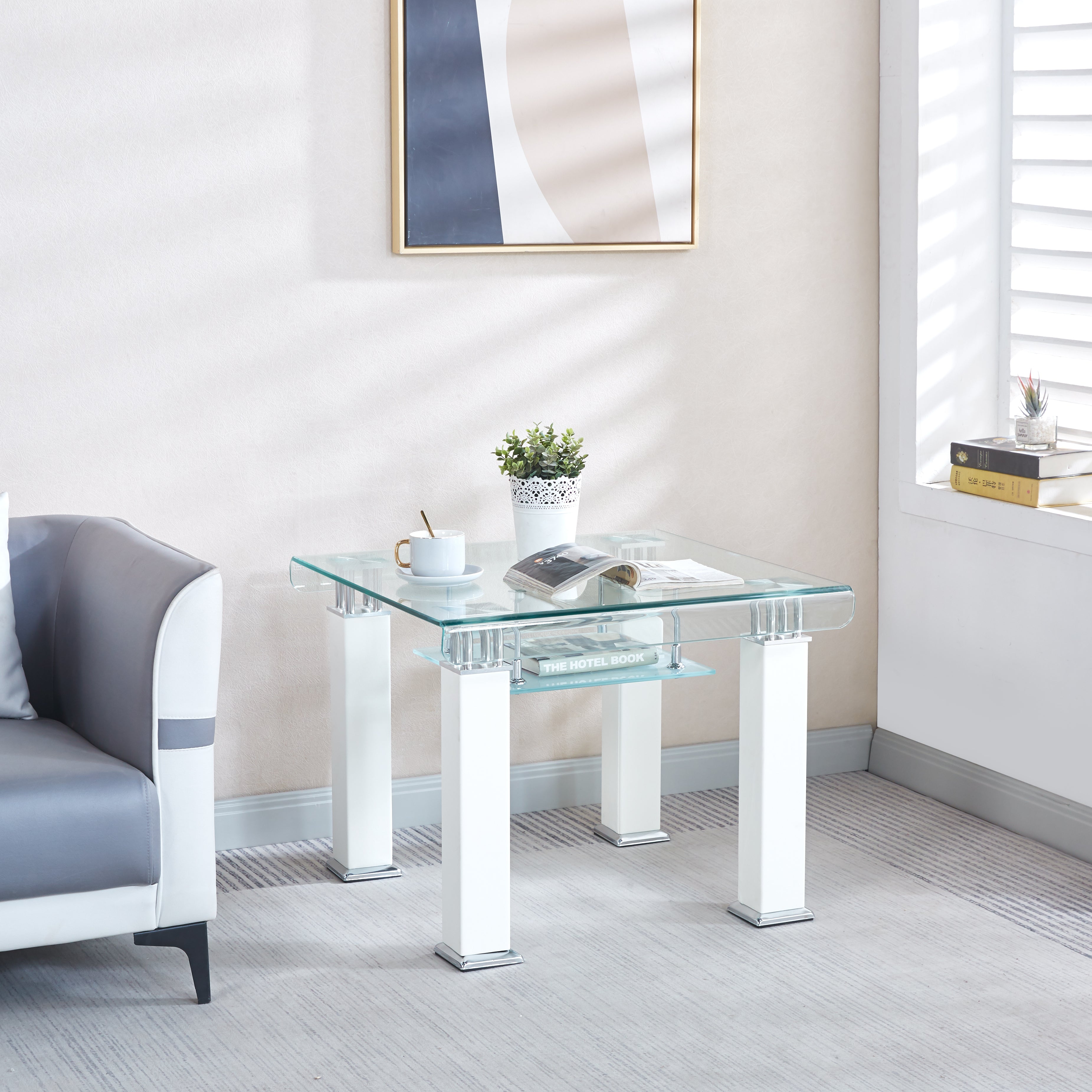 Modern End Table with Tempered Glass and Leatherette