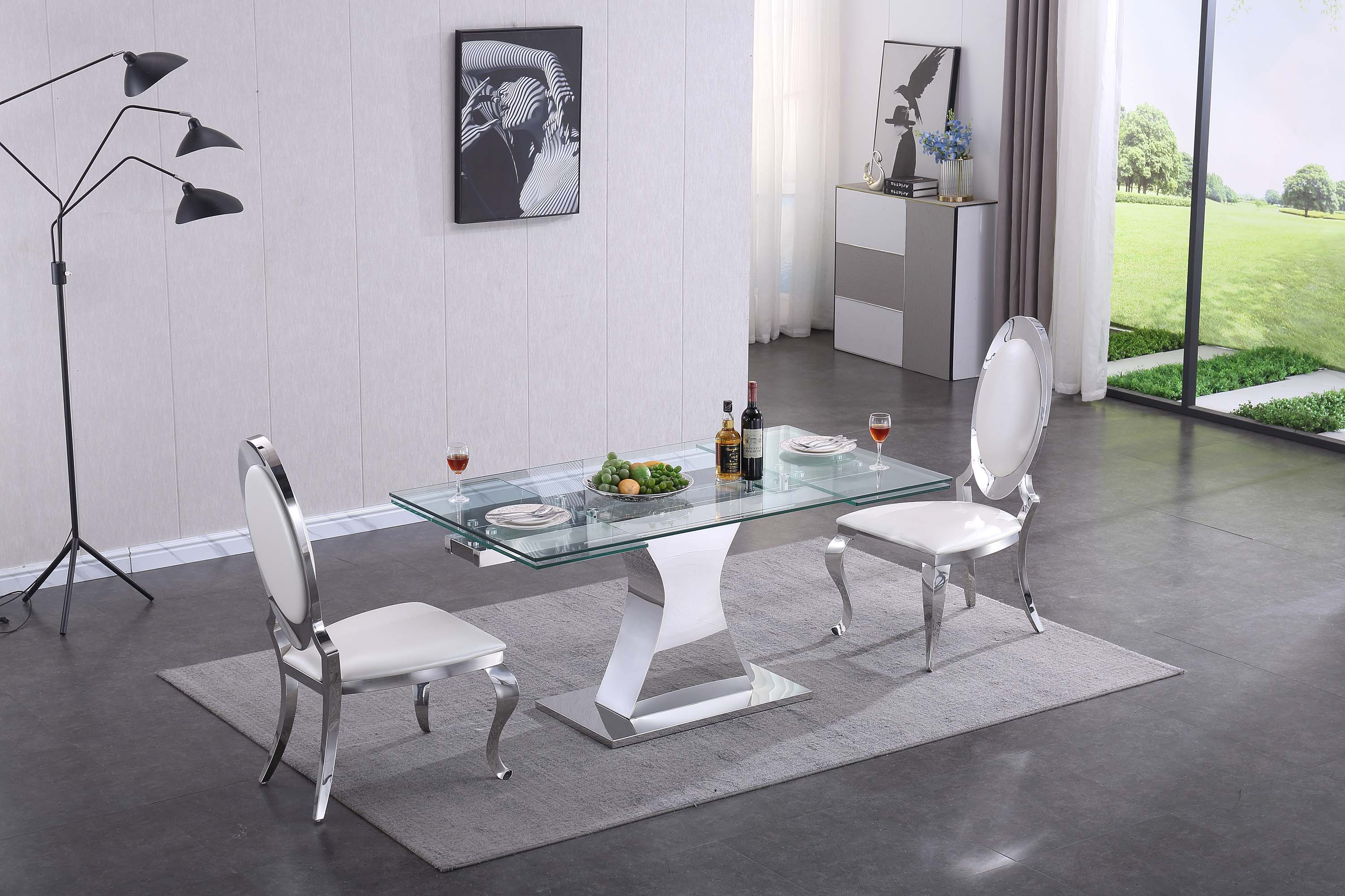 Extendable Dining Table with 12mm Tempered Glass Top, Stainless Steel Base