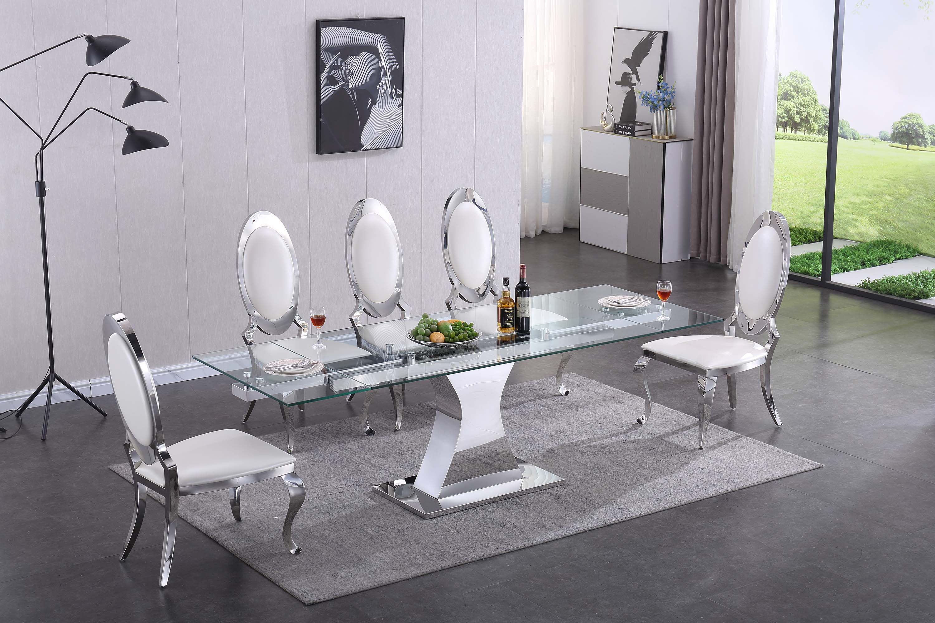 Extendable Dining Table with 12mm Tempered Glass Top, Stainless Steel Base