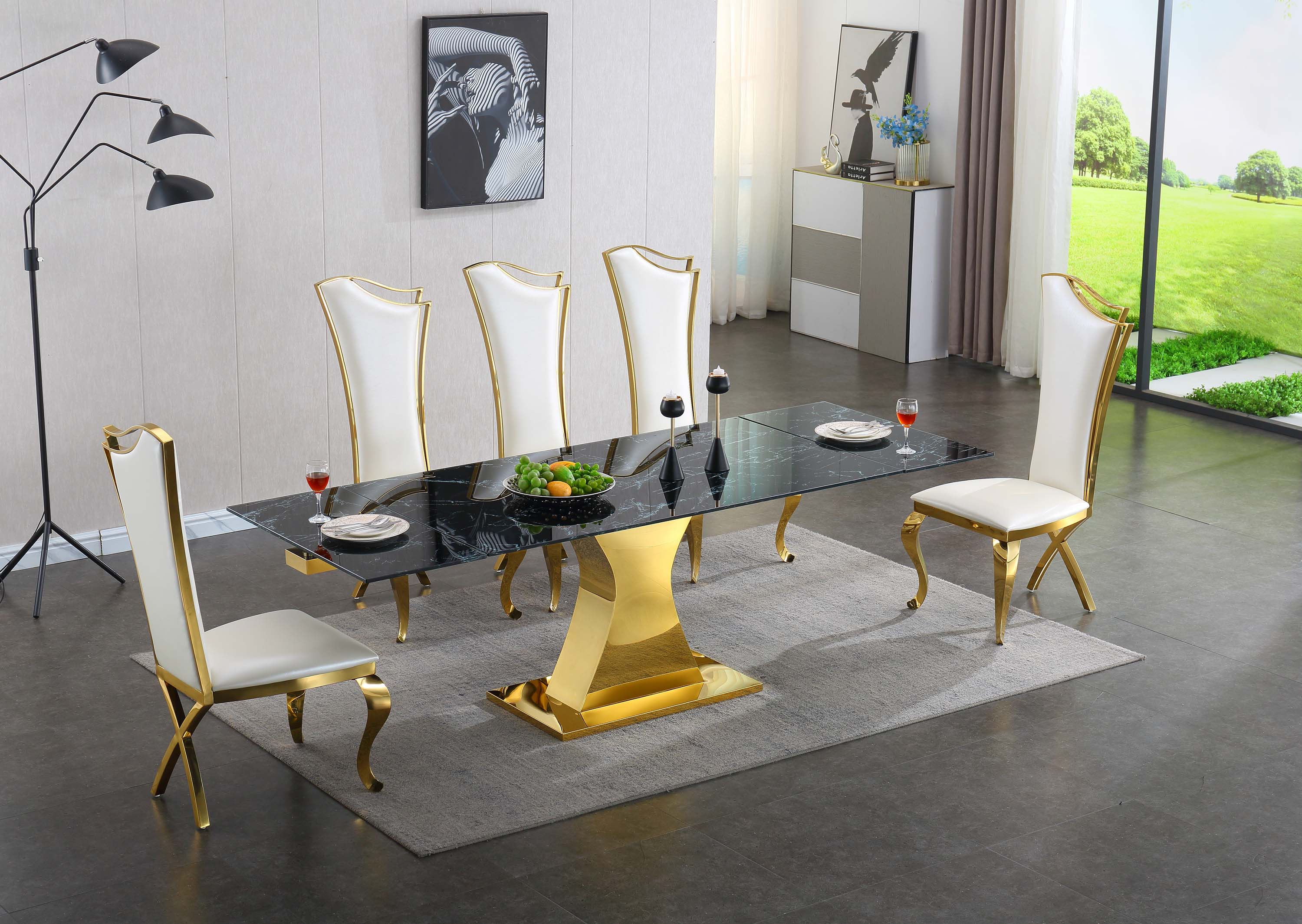 Extendable Dining Table with 12mm Tempered Glass Top, Stainless Steel Base