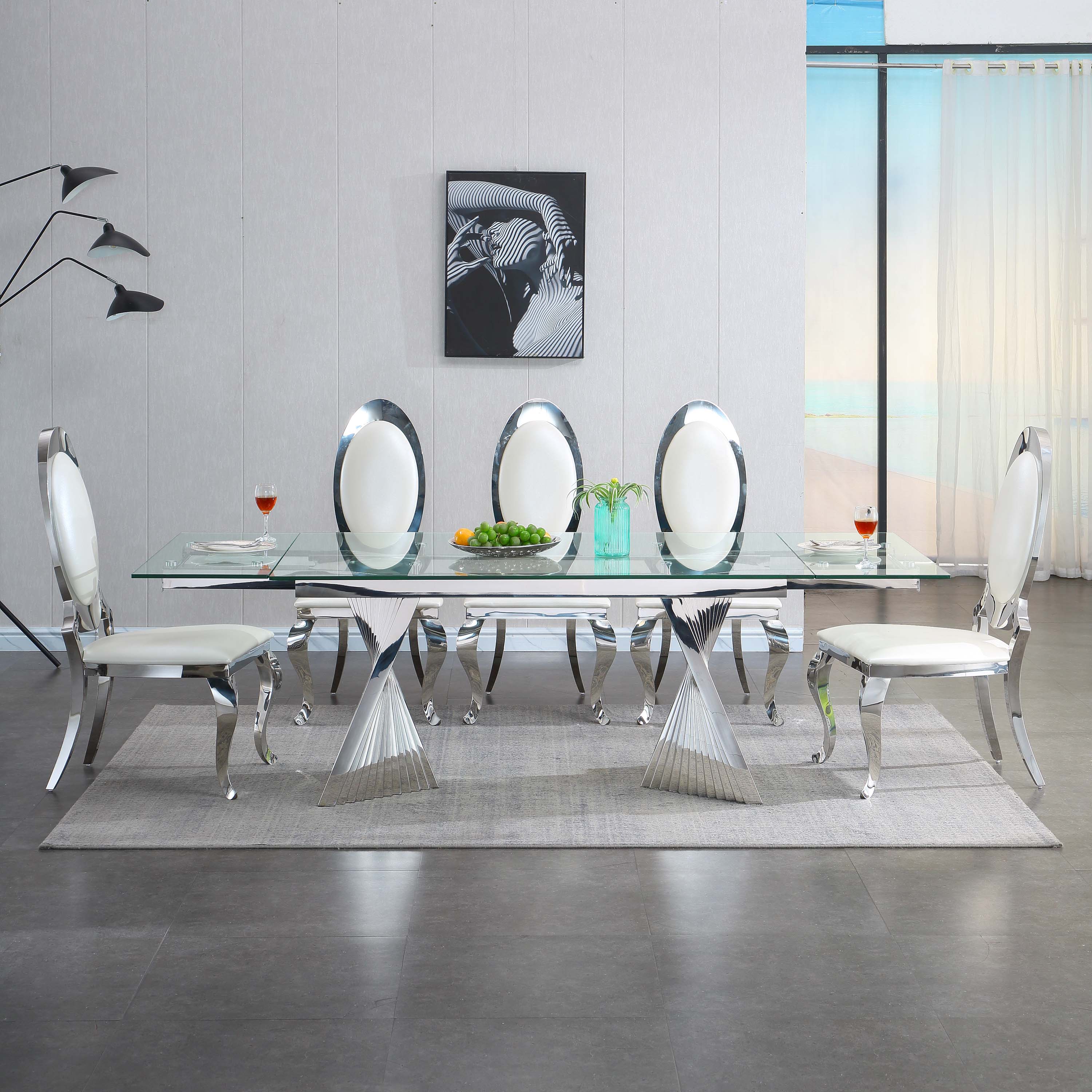 Extendable Dining Table with Marble Tempered Glass Top