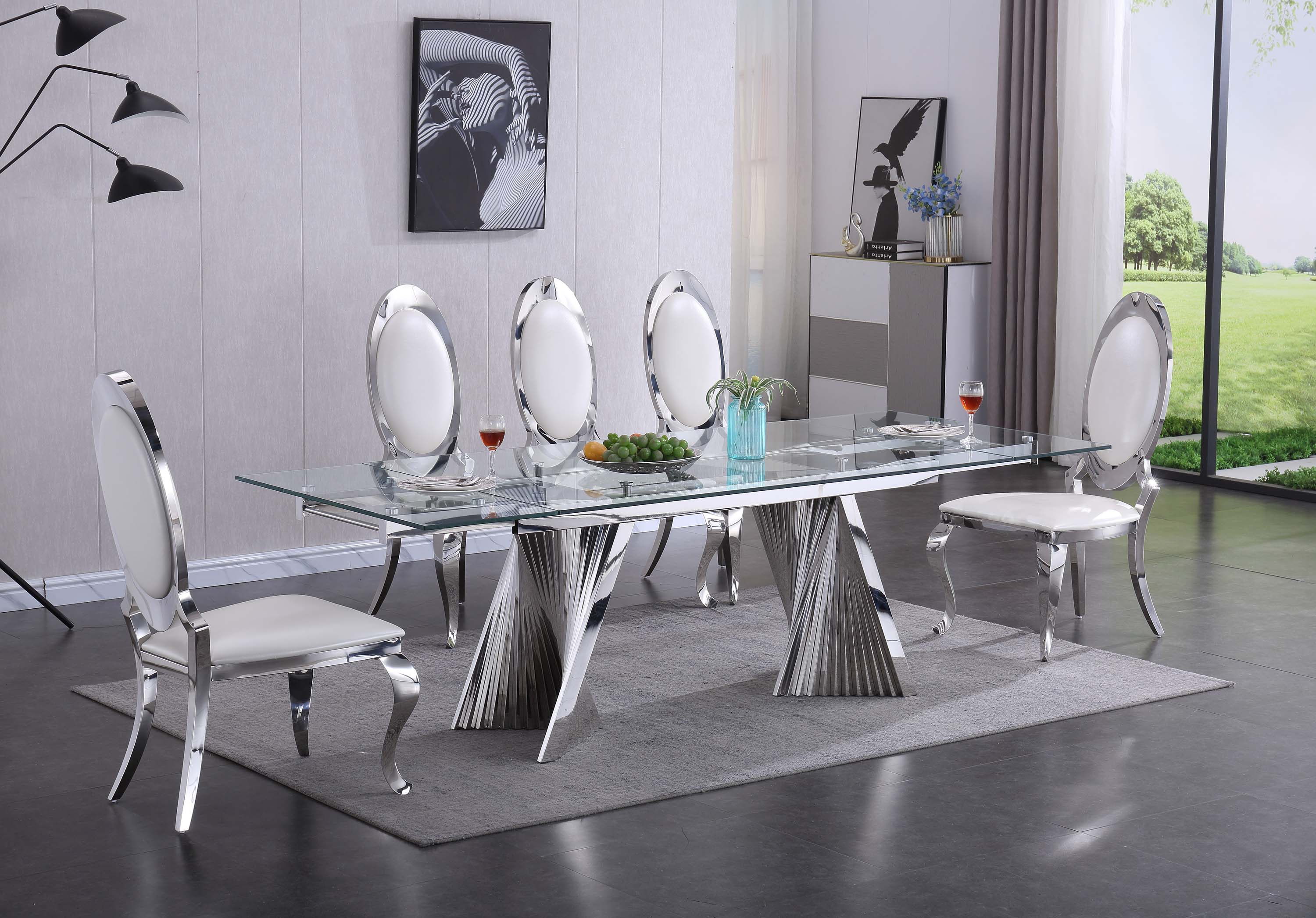 Extendable Dining Table with Marble Tempered Glass Top