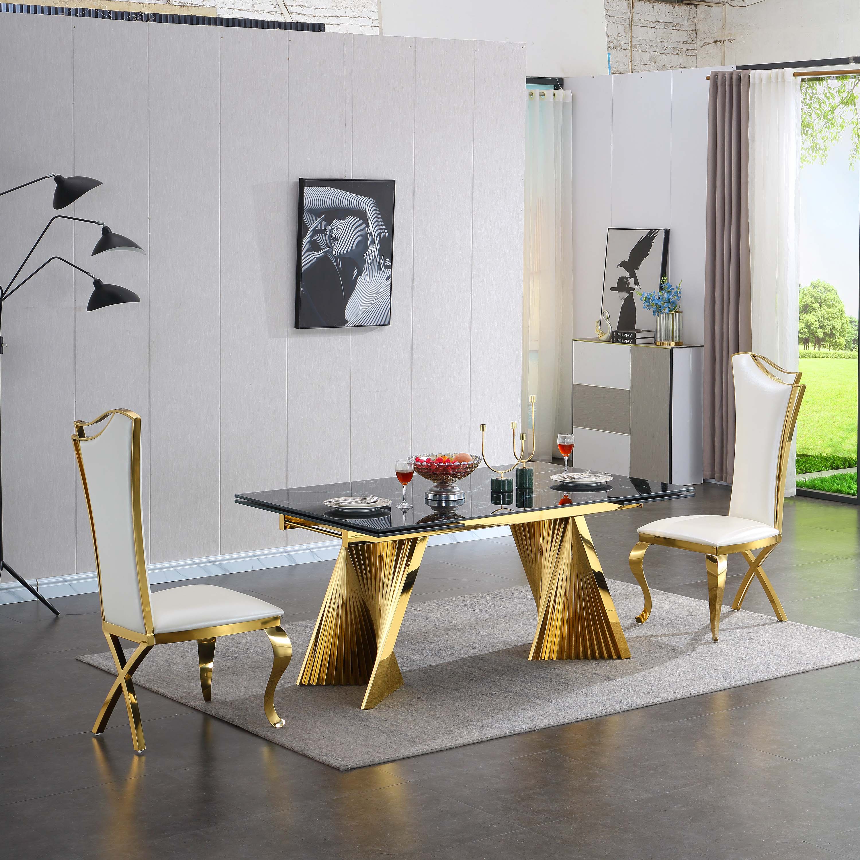 Extendable Dining Table with Marble Tempered Glass Top