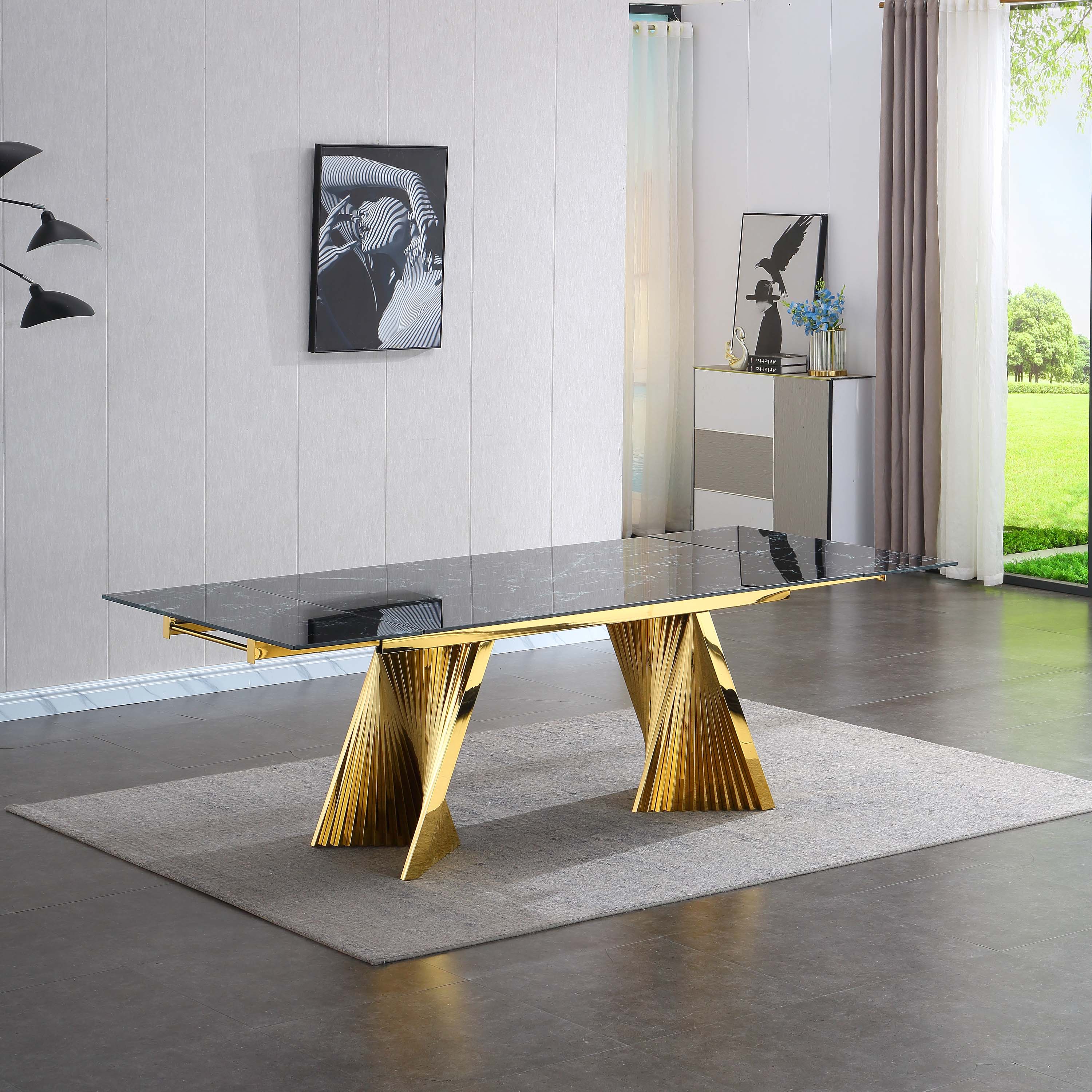 Extendable Dining Table with Marble Tempered Glass Top