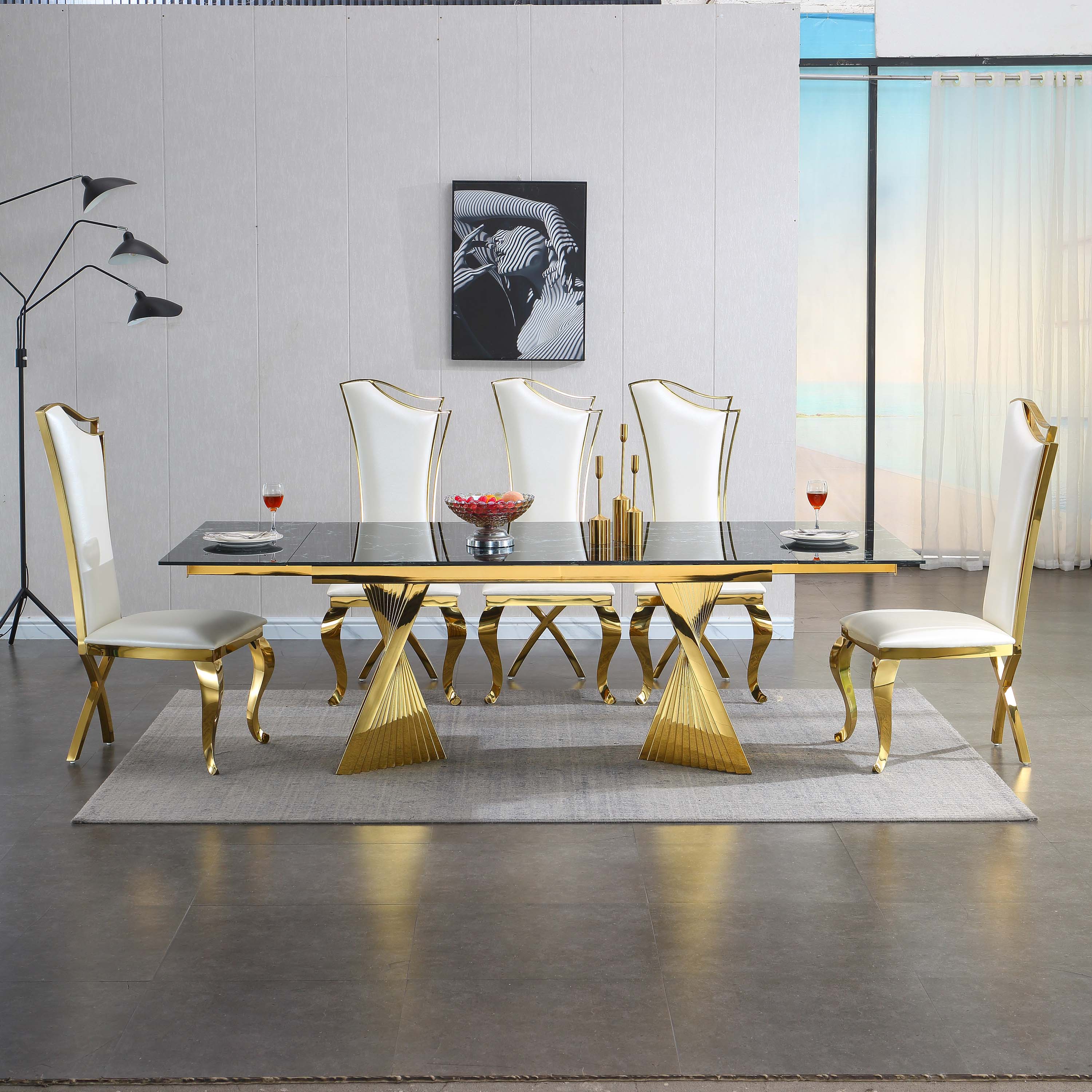 Extendable Dining Table with Marble Tempered Glass Top