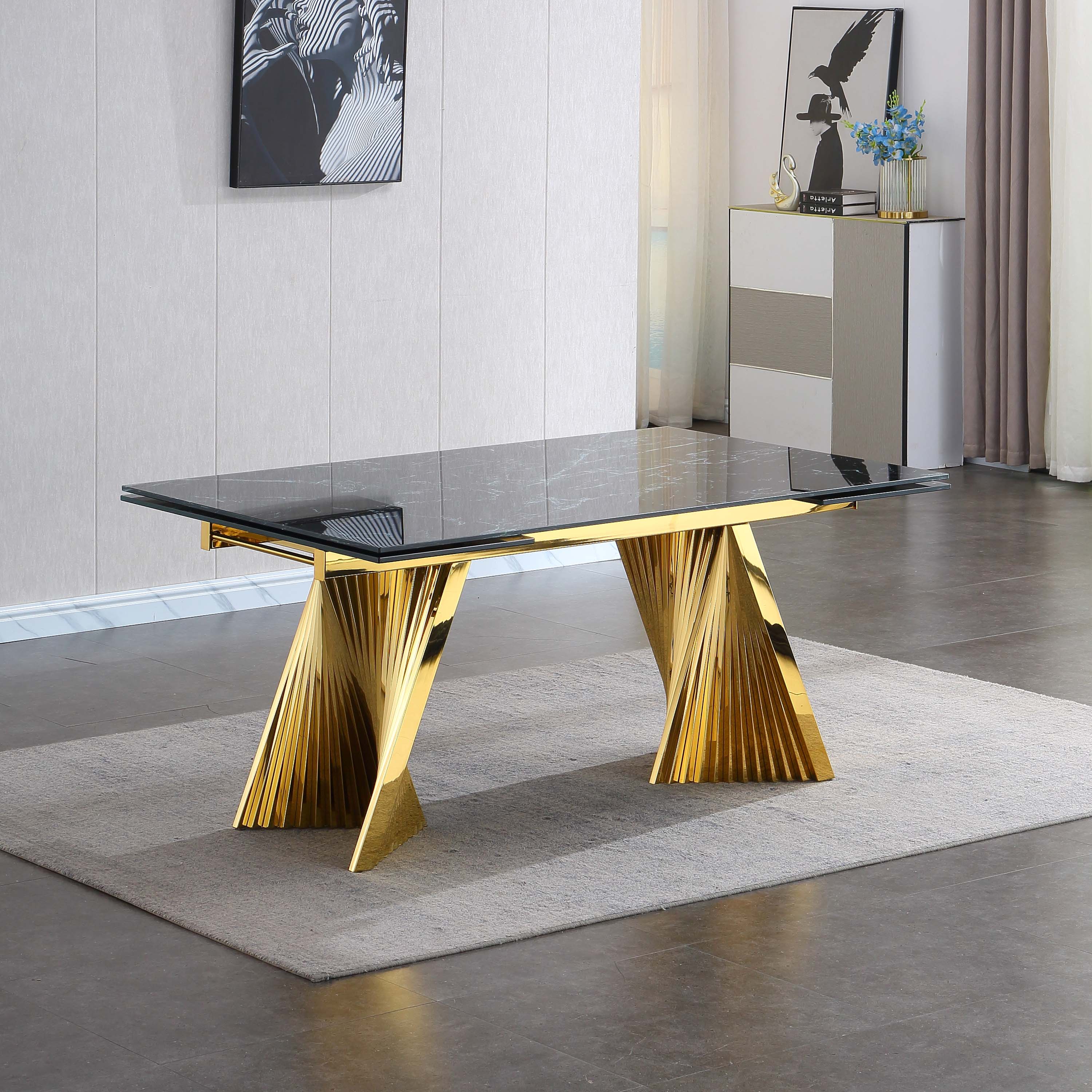 Extendable Dining Table with Marble Tempered Glass Top