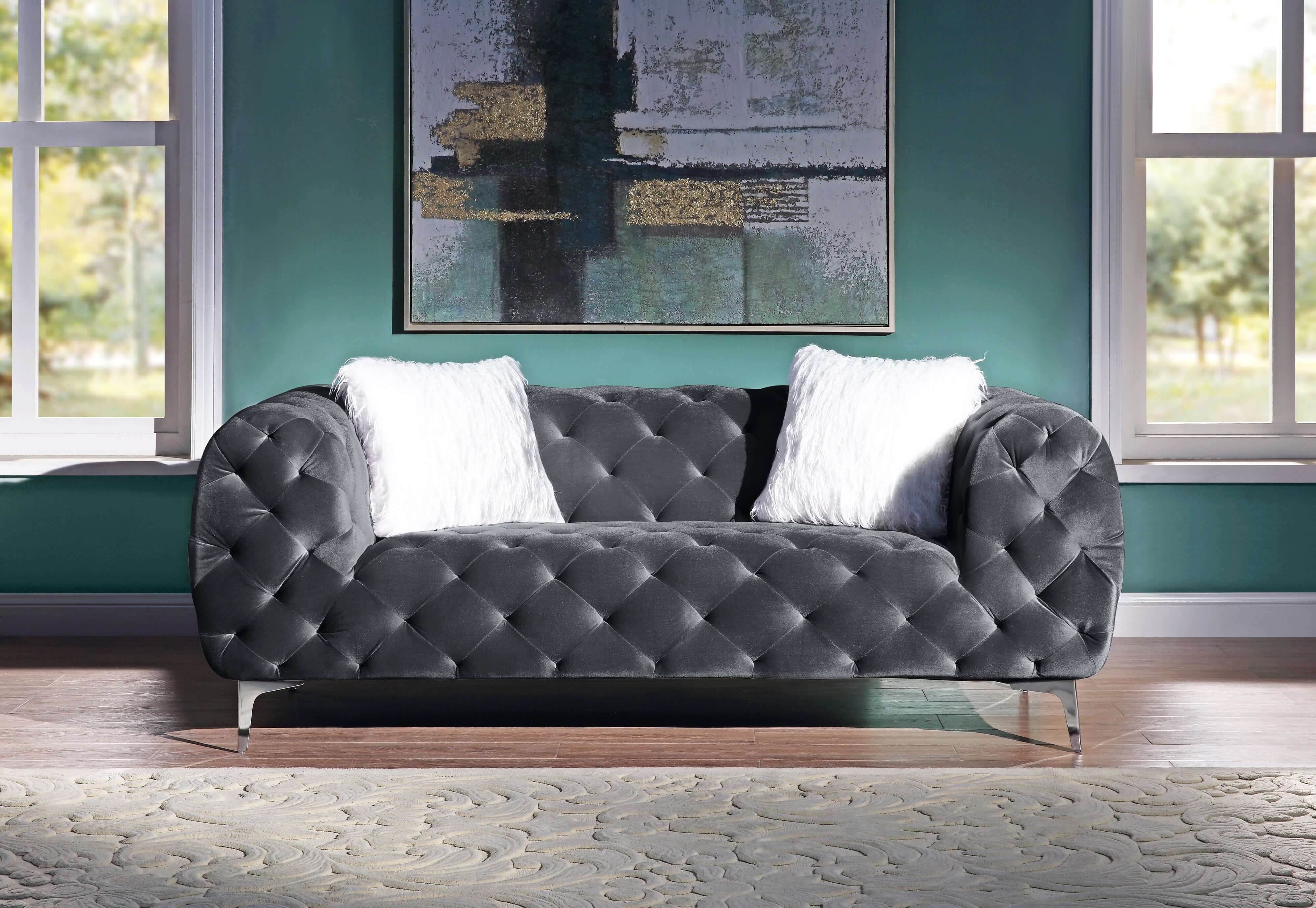 Modern Velvet Loveseat/ Sofa with Wood Frame and Metal Legs