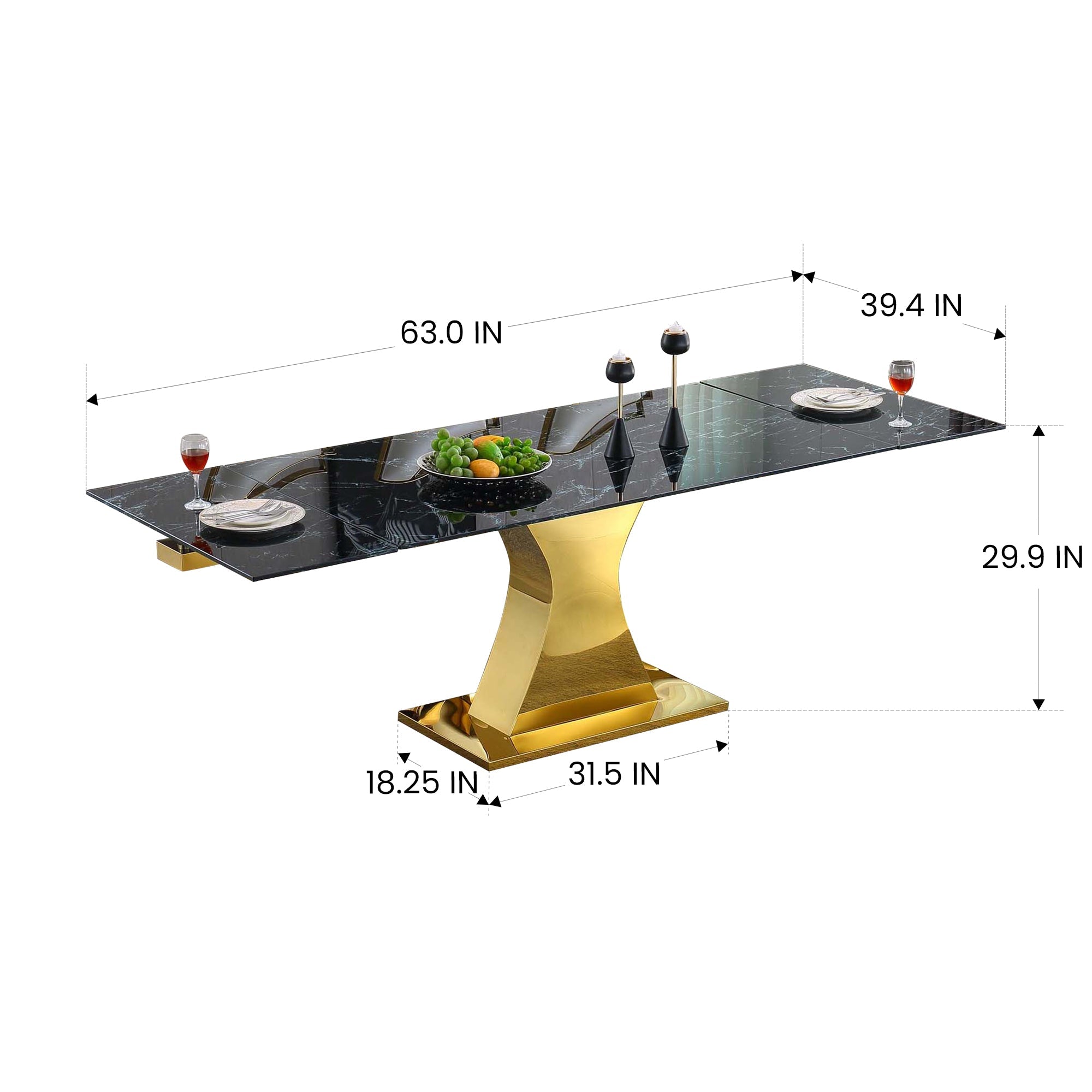 Extendable Dining Table with 12mm Tempered Glass Top, Stainless Steel Base