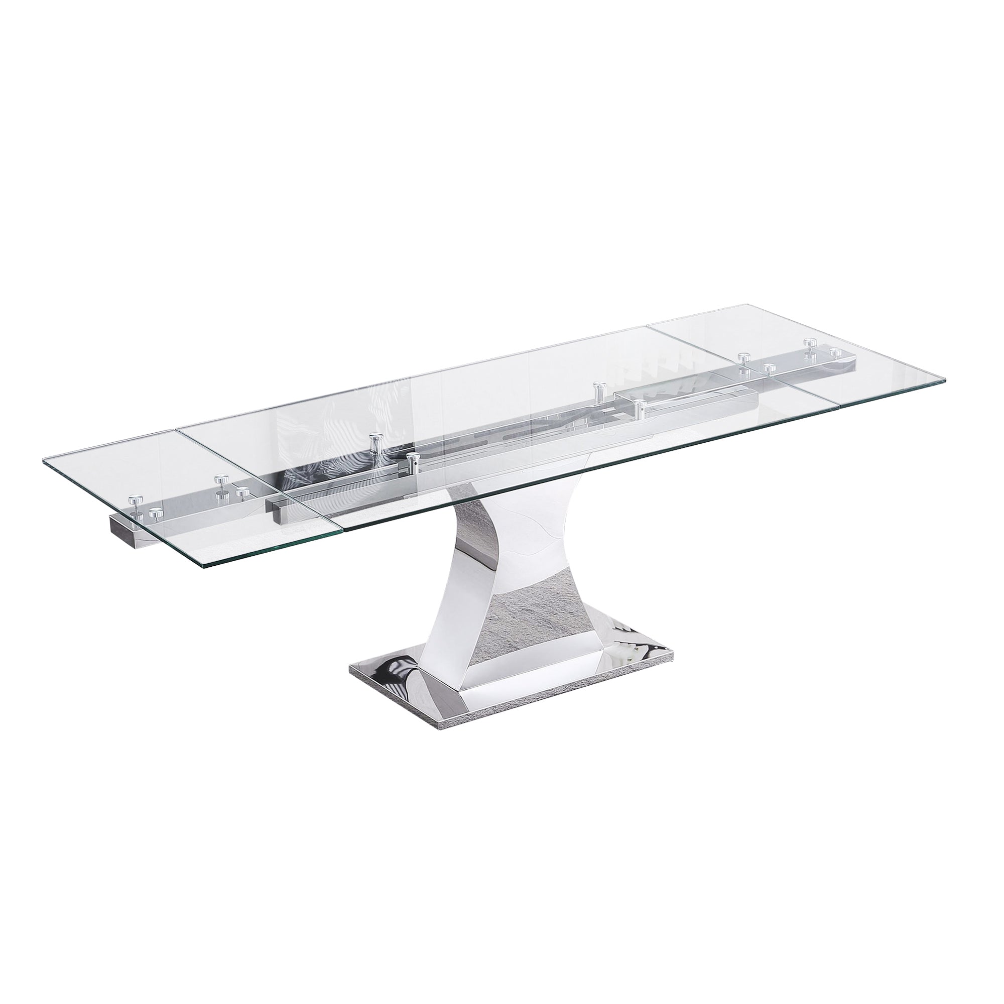 Extendable Dining Table with 12mm Tempered Glass Top, Stainless Steel Base
