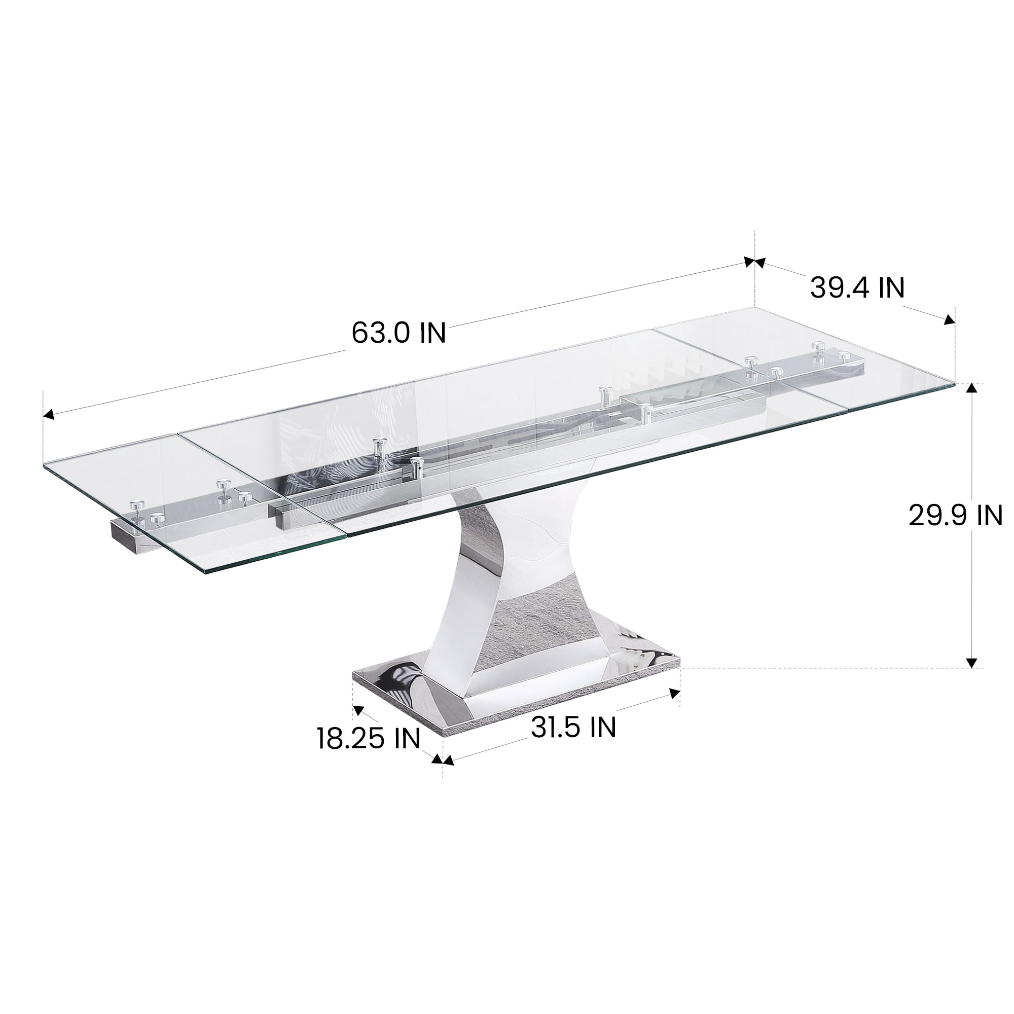 Extendable Dining Table with 12mm Tempered Glass Top, Stainless Steel Base