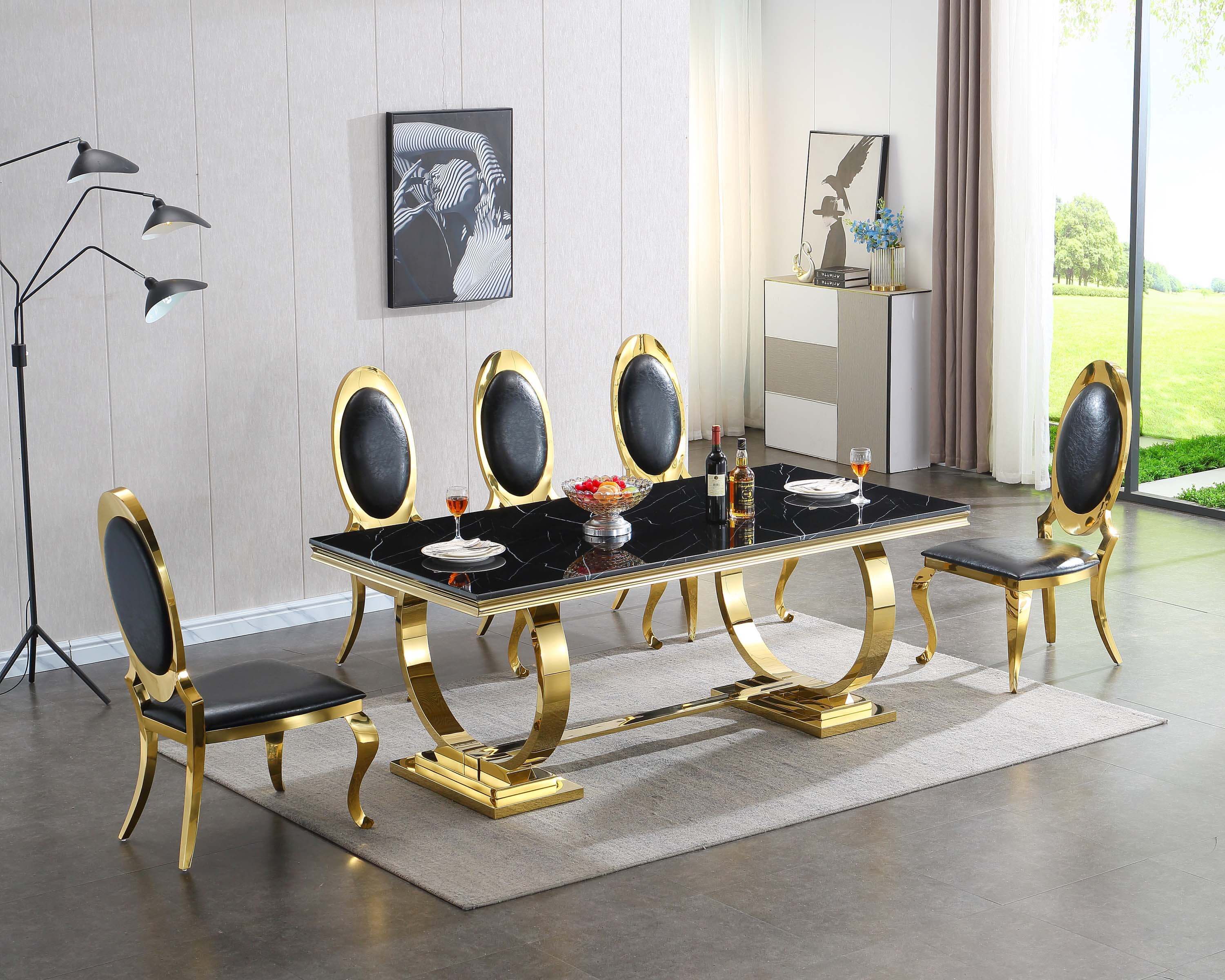 Solid Marble Dining Table with Gold/Silver Metal Base