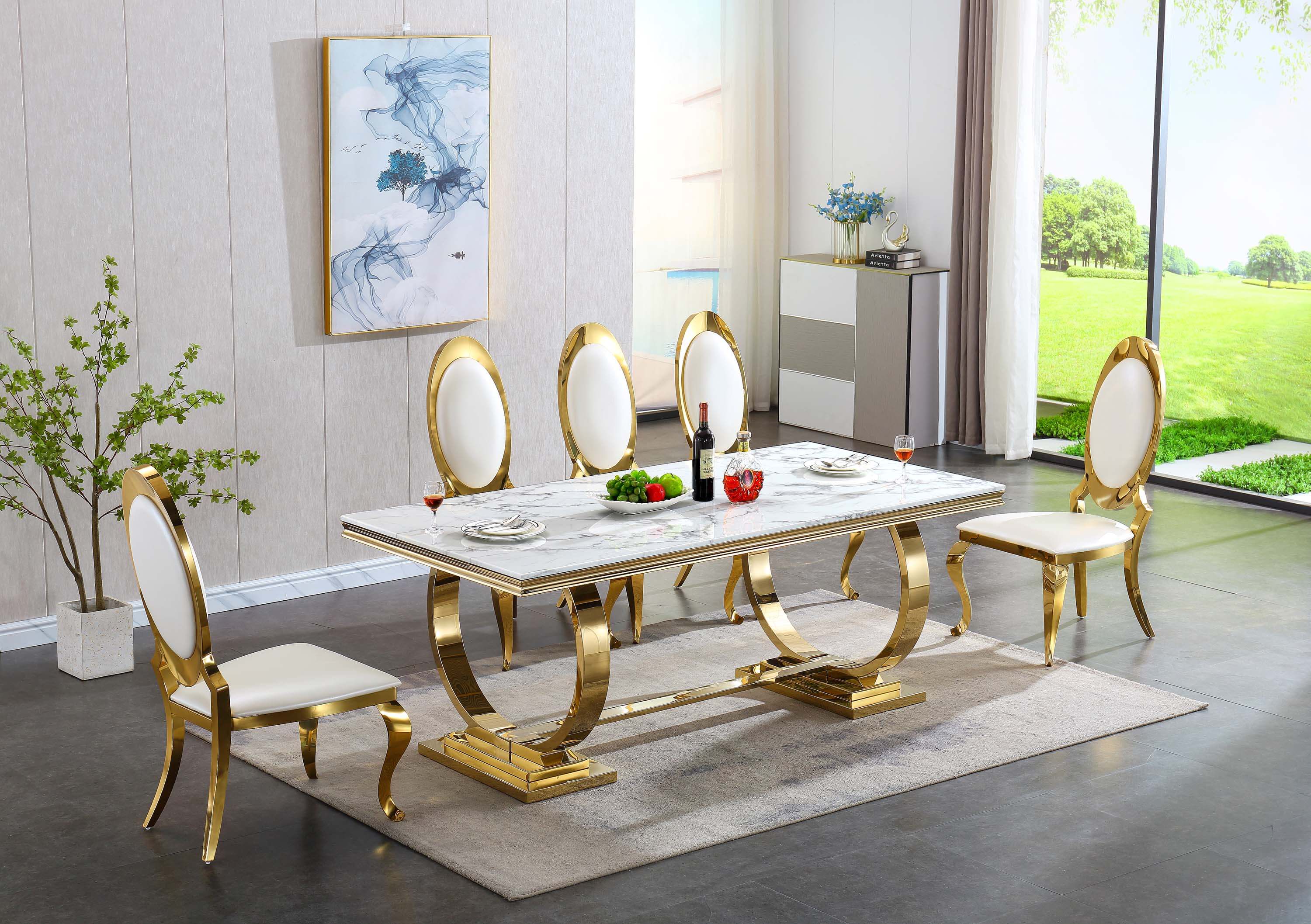Solid Marble Dining Table with Gold/Silver Metal Base