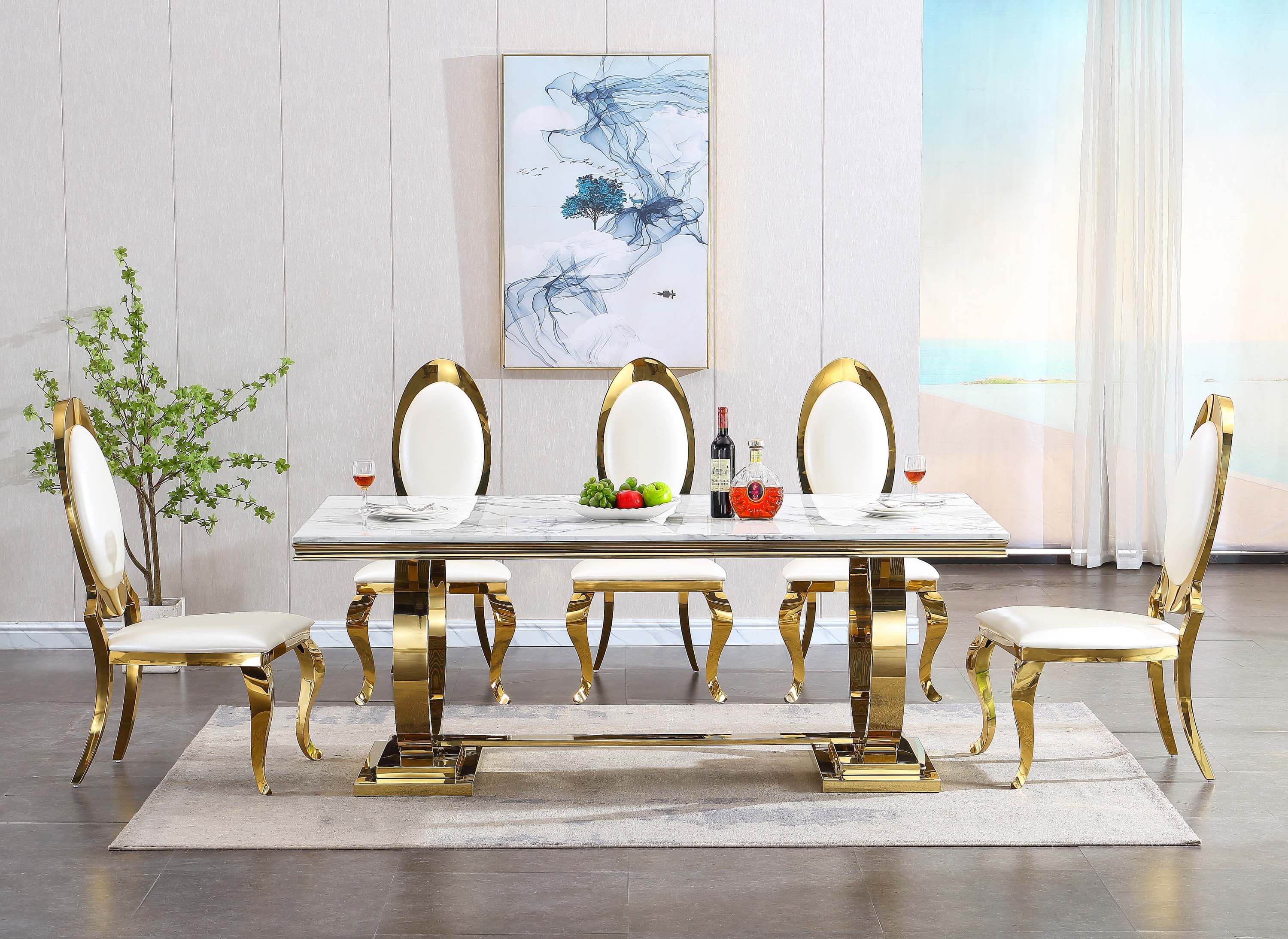 Solid Marble Dining Table with Gold/Silver Metal Base