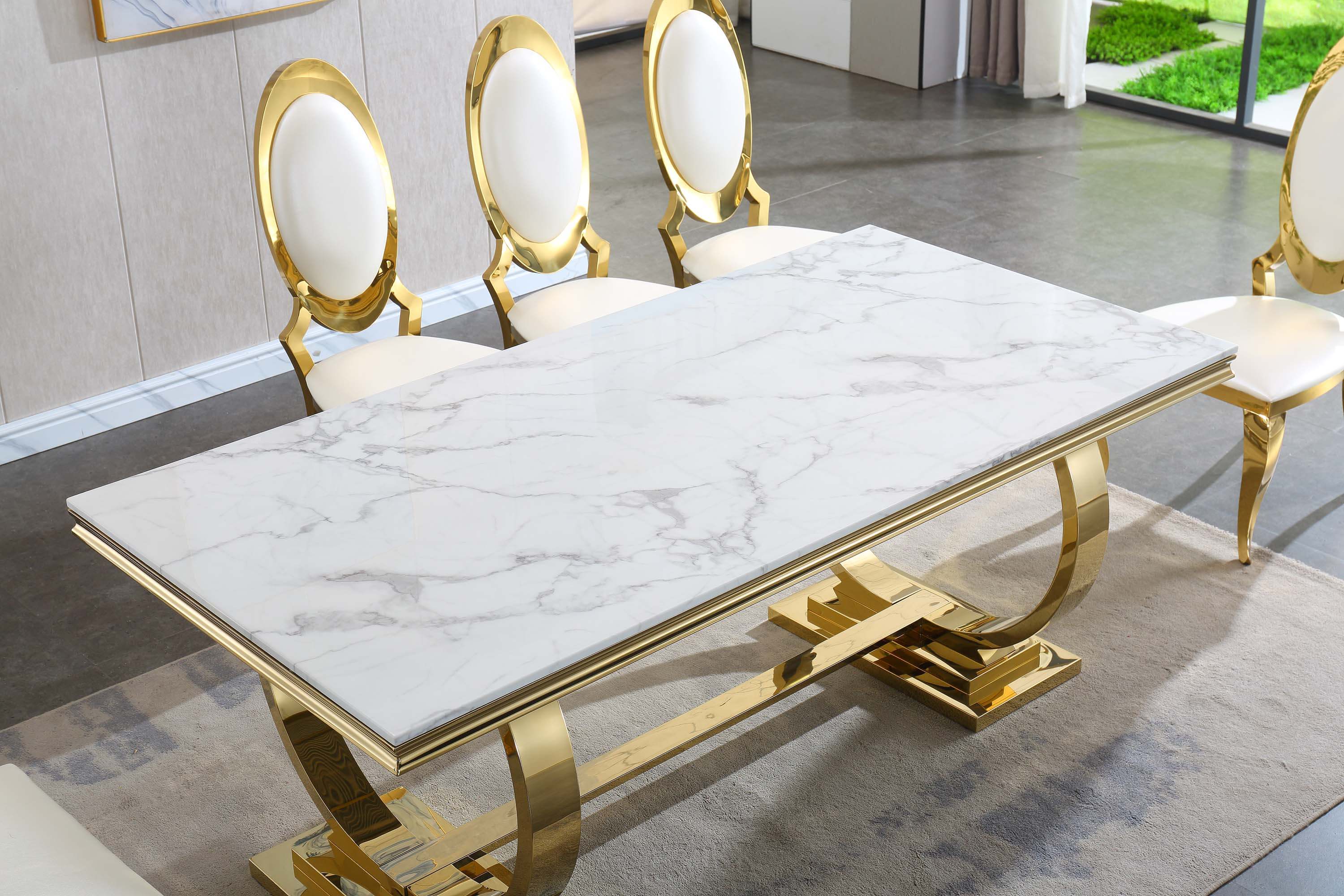 Solid Marble Dining Table with Gold/Silver Metal Base