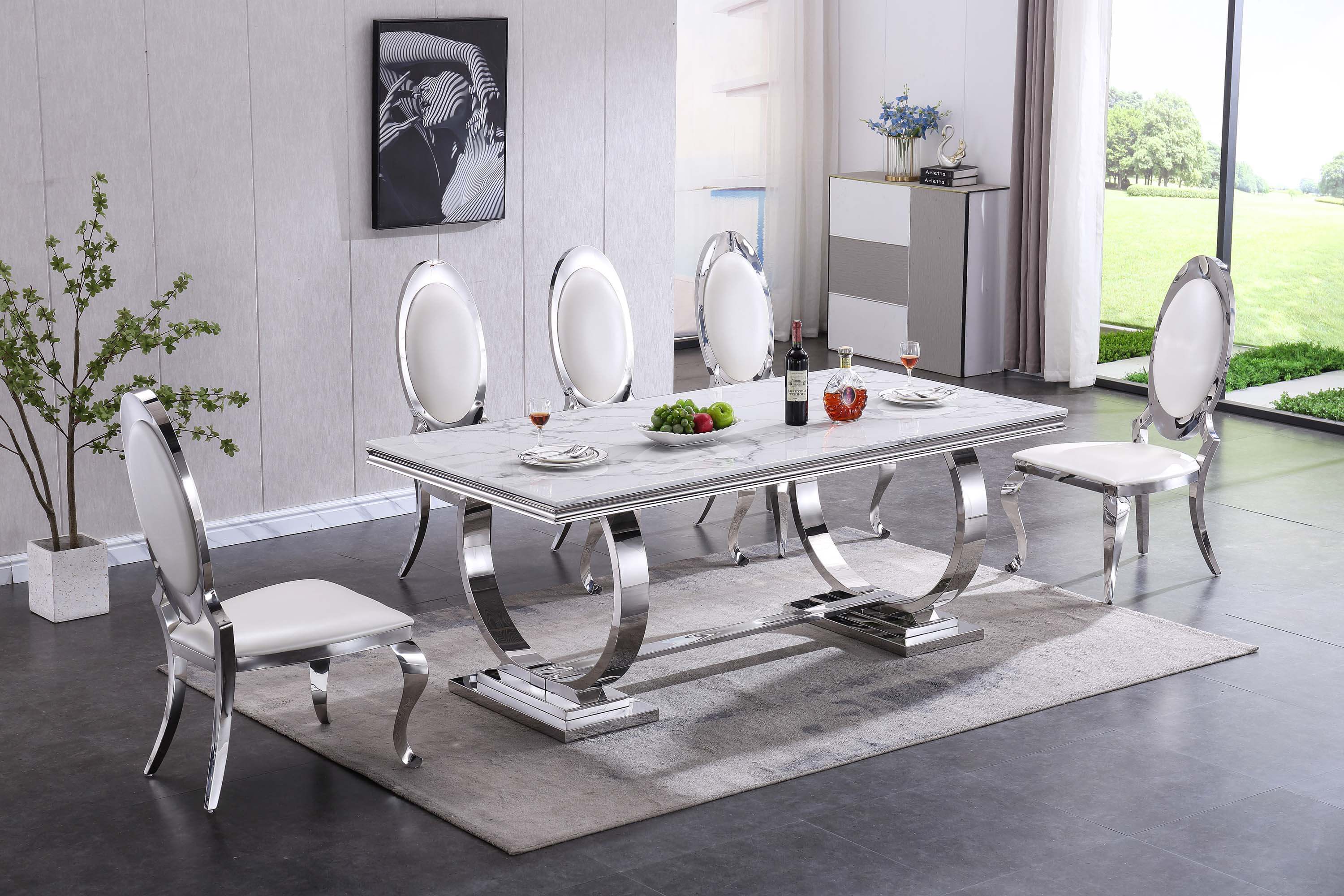 Solid Marble Dining Table with Gold/Silver Metal Base