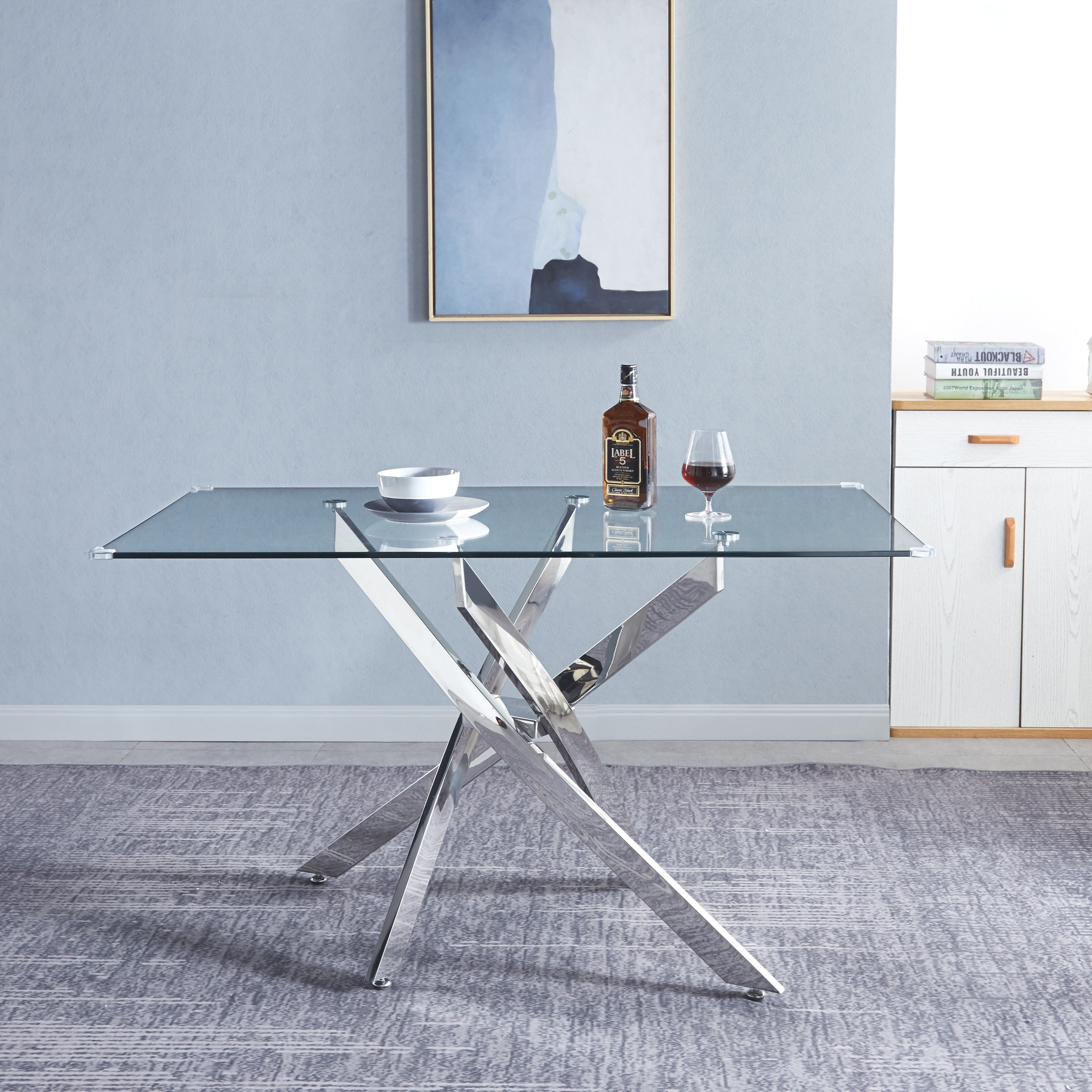 Tempered Glass Top Rectangular Dining Table with Silver Base
