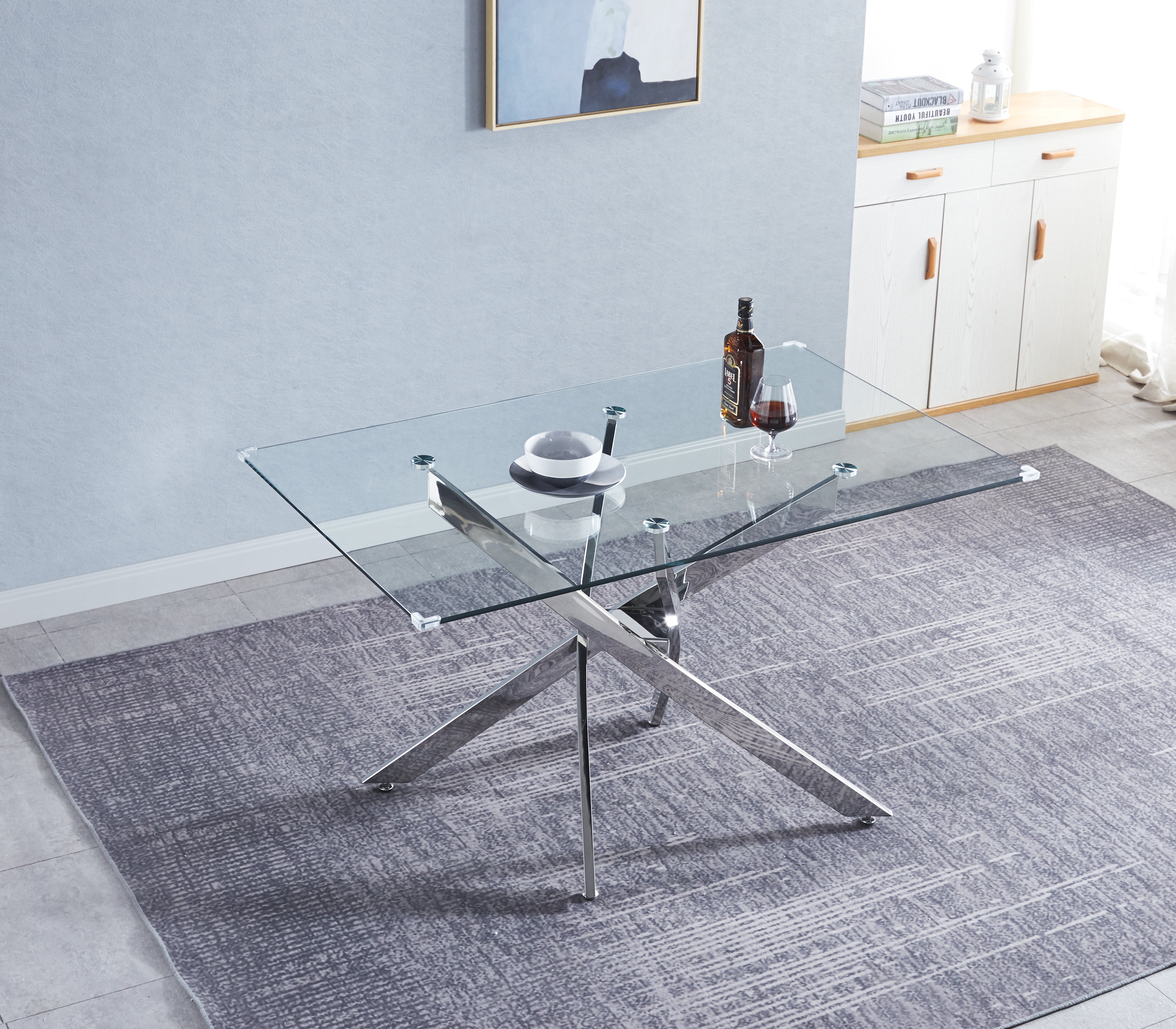 Tempered Glass Top Rectangular Dining Table with Silver Base