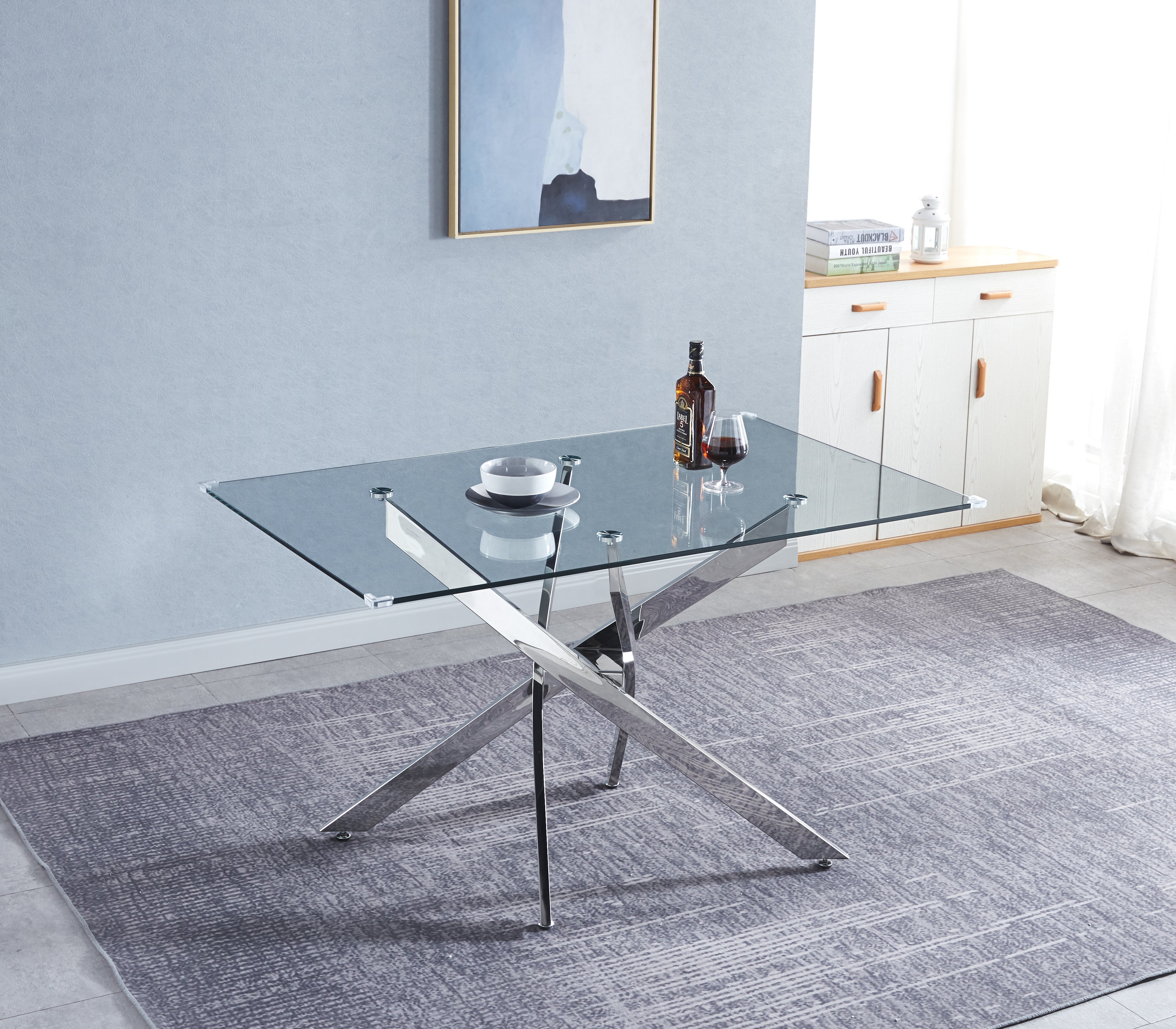 Tempered Glass Top Rectangular Dining Table with Silver Base