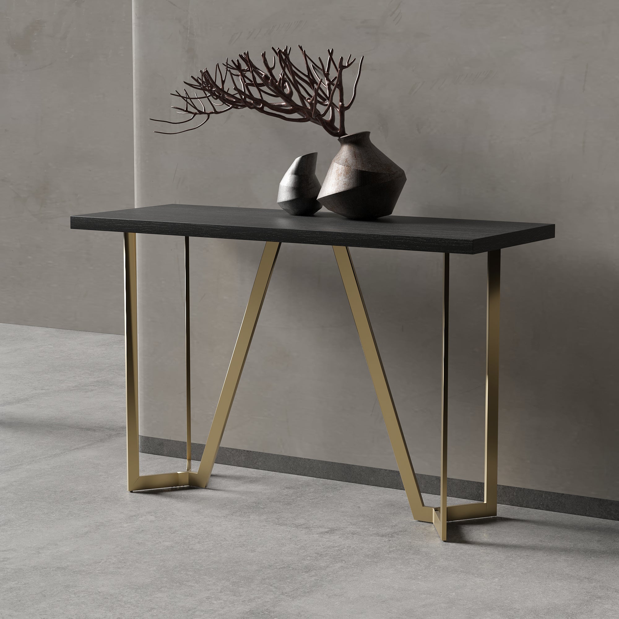 Black Rectangular Top Console Table with Brushed Gold Base