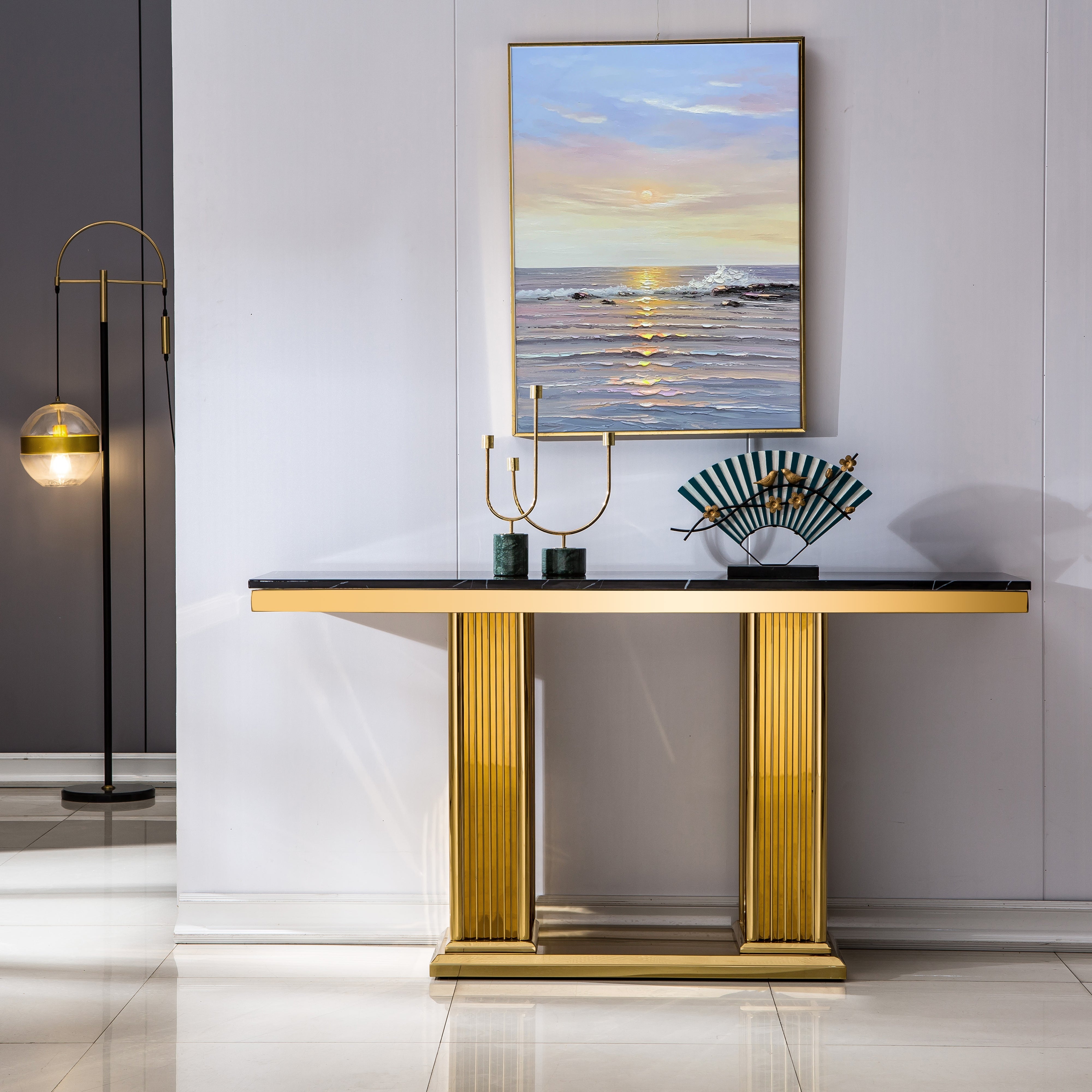 Solid Marble Console Table with Gold Finish Base