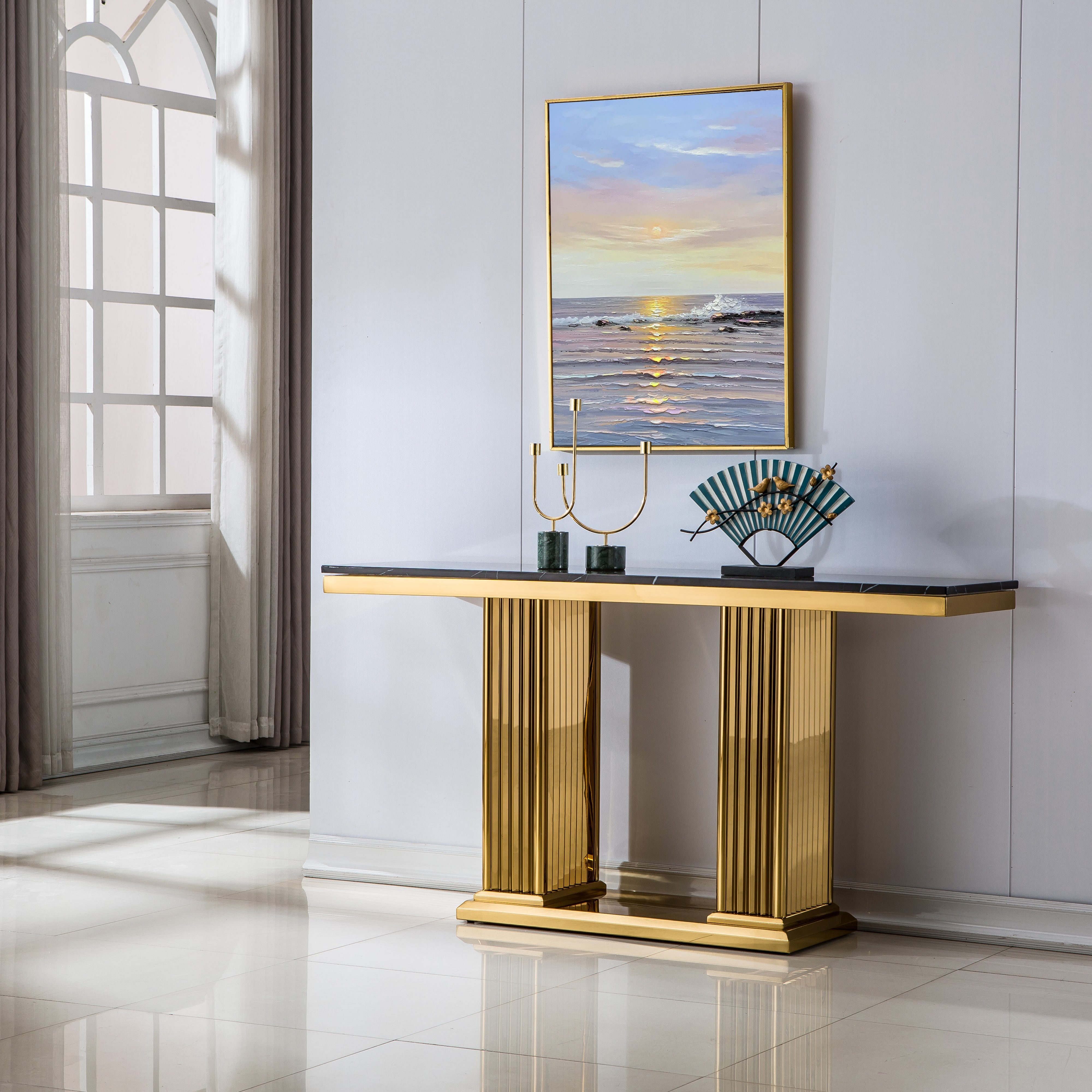 Solid Marble Console Table with Gold Finish Base