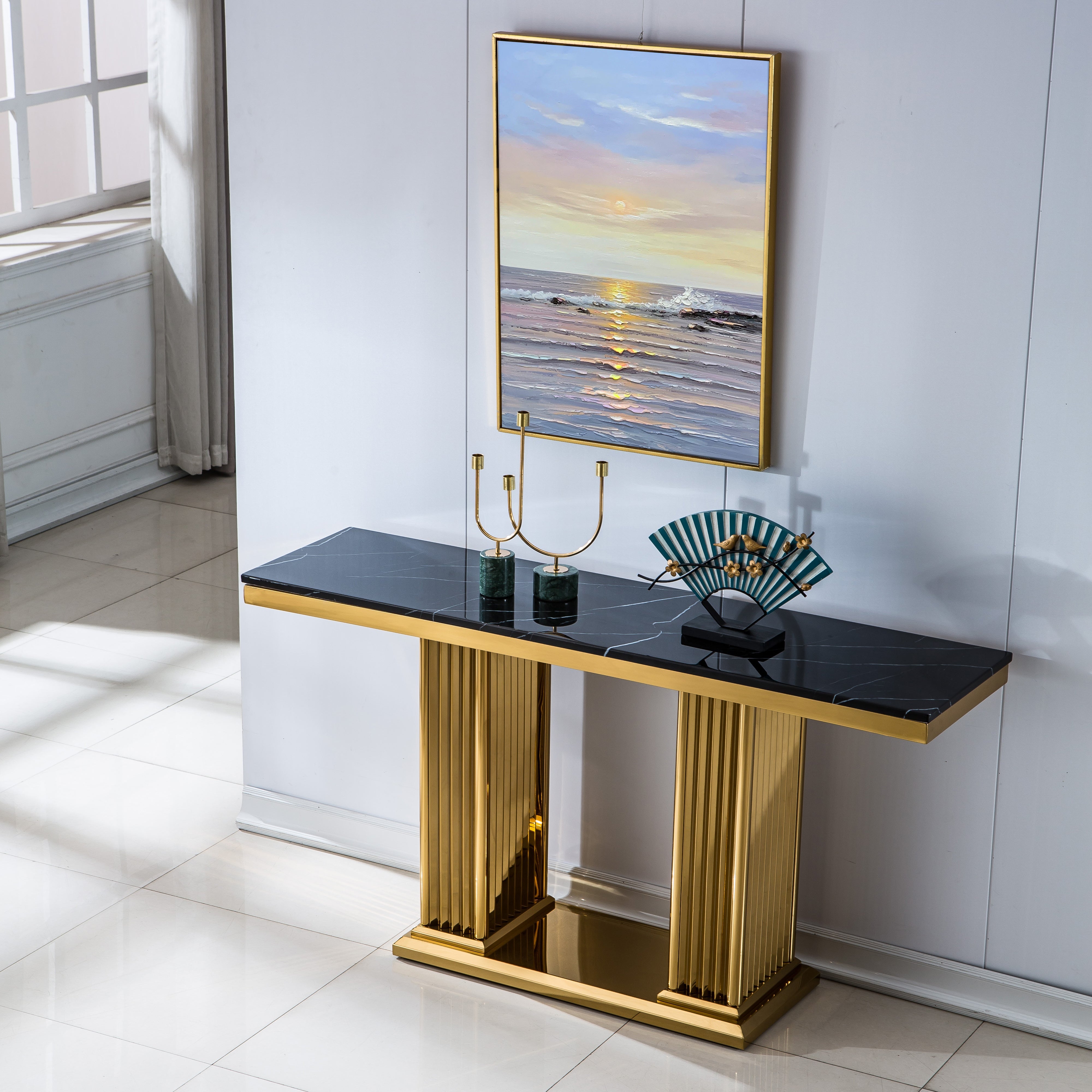 Solid Marble Console Table with Gold Finish Base