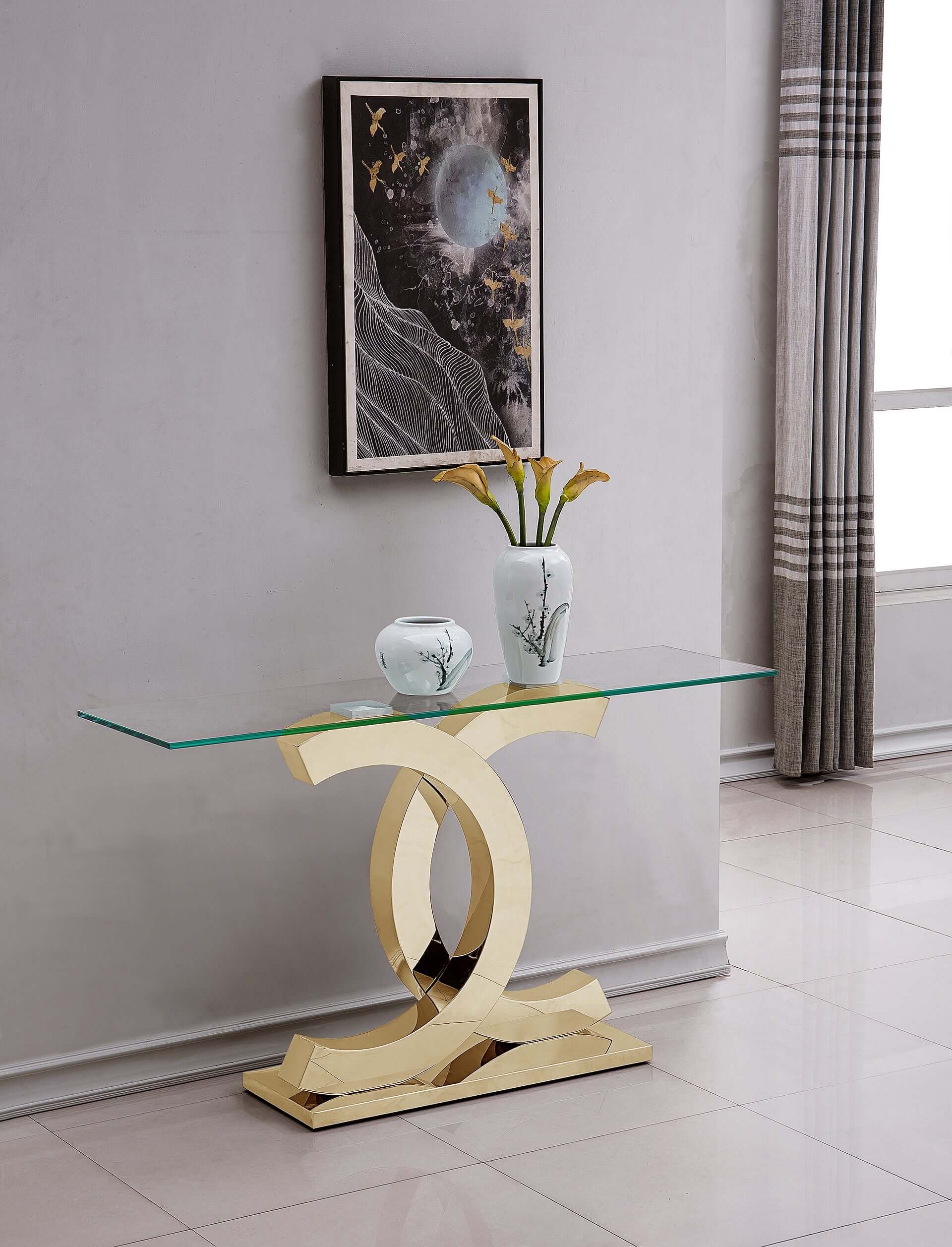 Modern Console Table with Tempered Glass Top & Stainless Steel Base