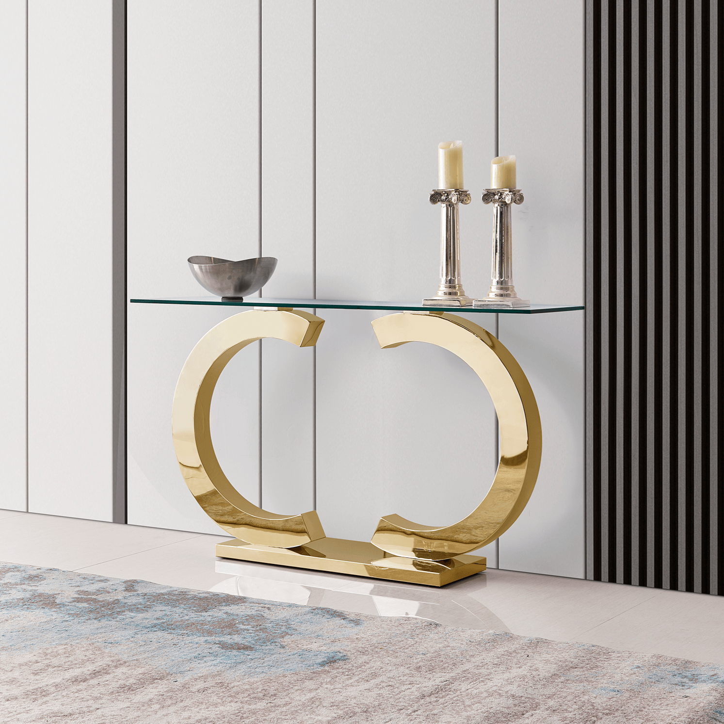 Modern Console Table with Tempered Glass Top & Stainless Steel Base