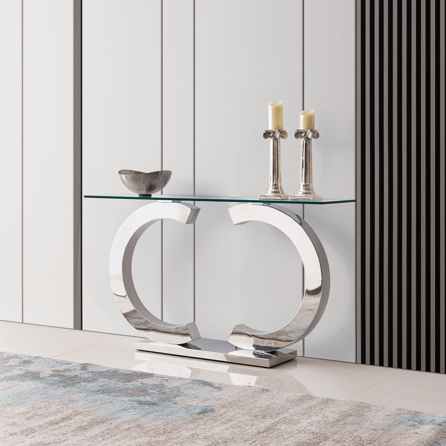Modern Console Table with Tempered Glass Top & Stainless Steel Base