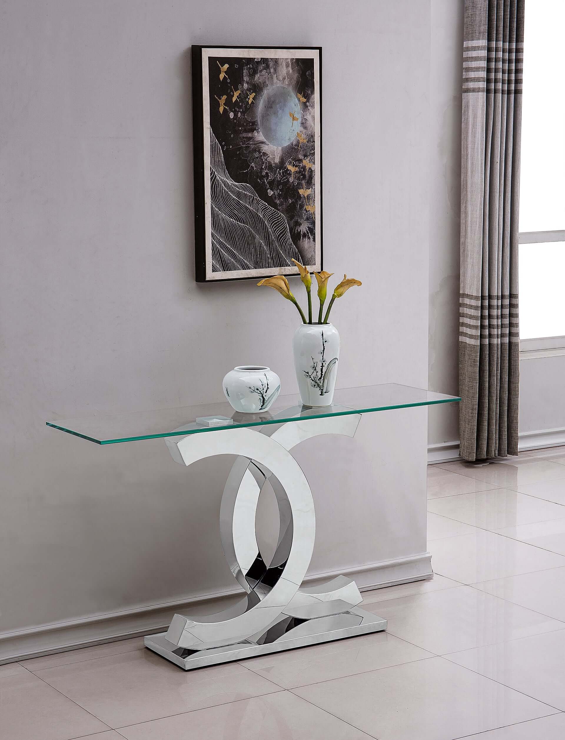Modern Console Table with Tempered Glass Top & Stainless Steel Base