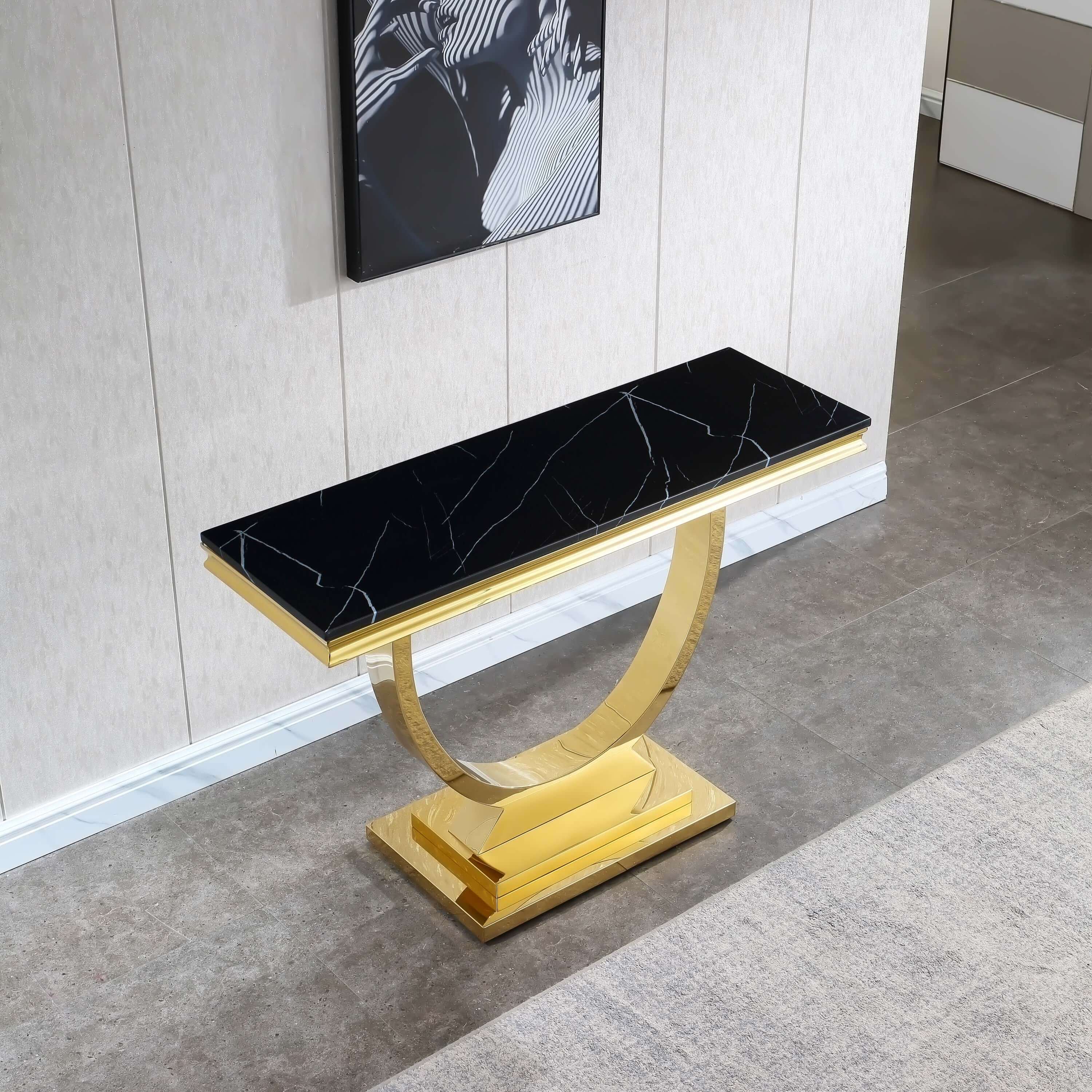 Black Marble Console Table with Gold Finish