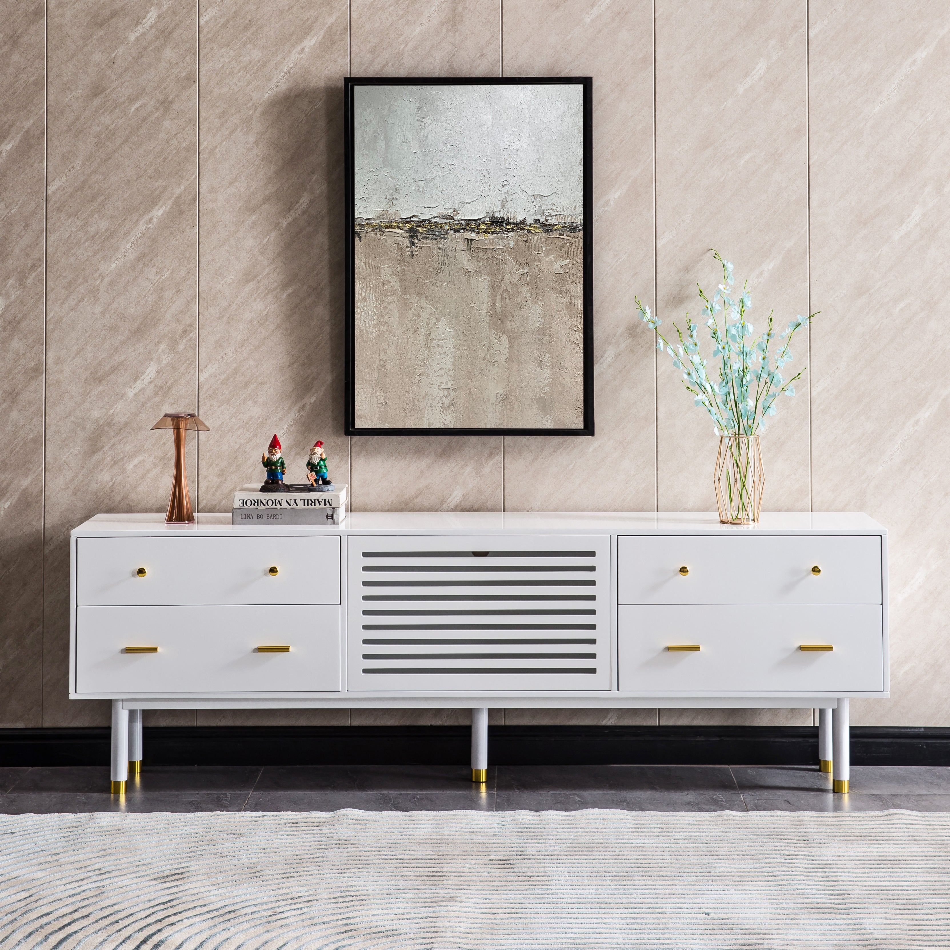 Modern White Lacquer TV Stand with Wooden Legs