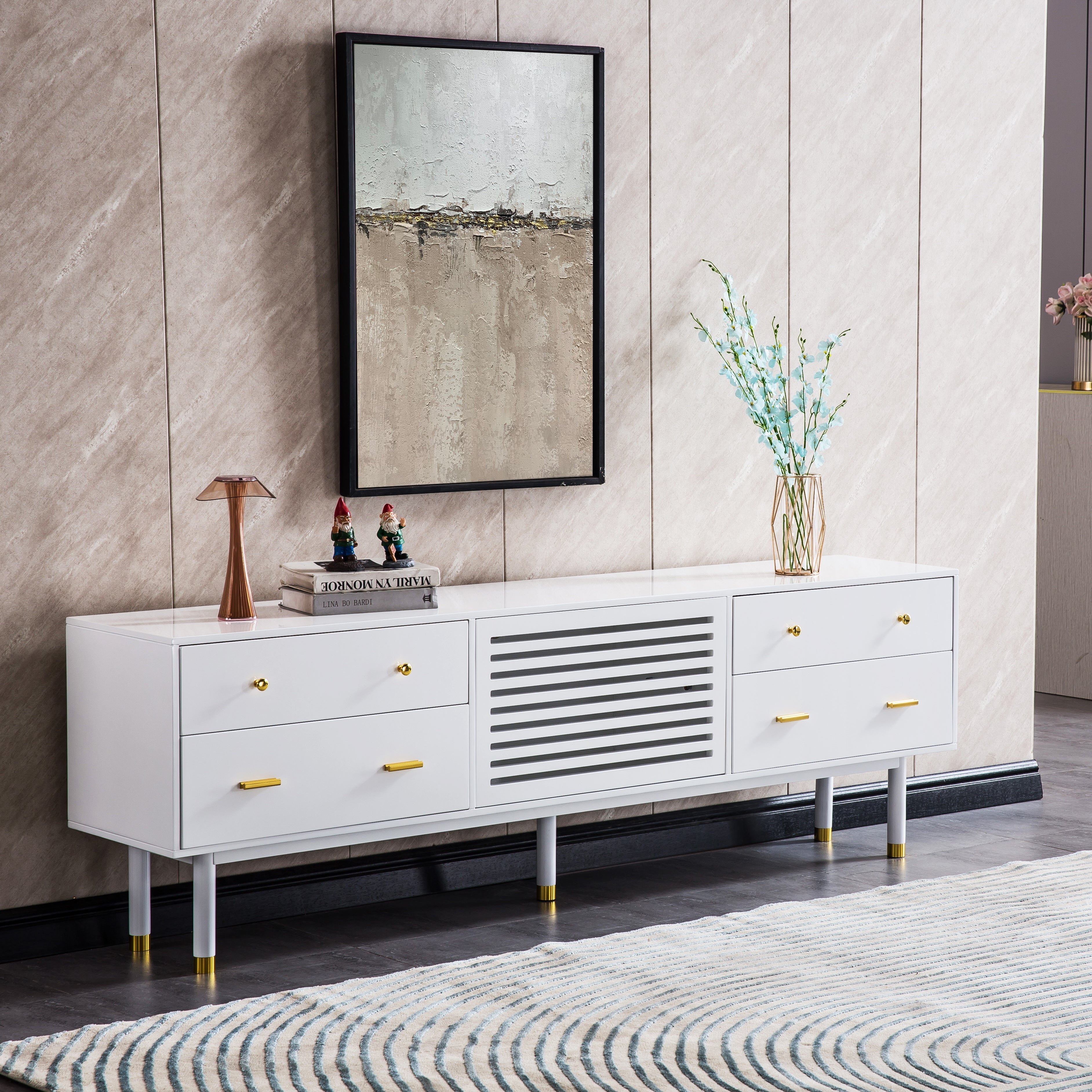 Modern White Lacquer TV Stand with Wooden Legs
