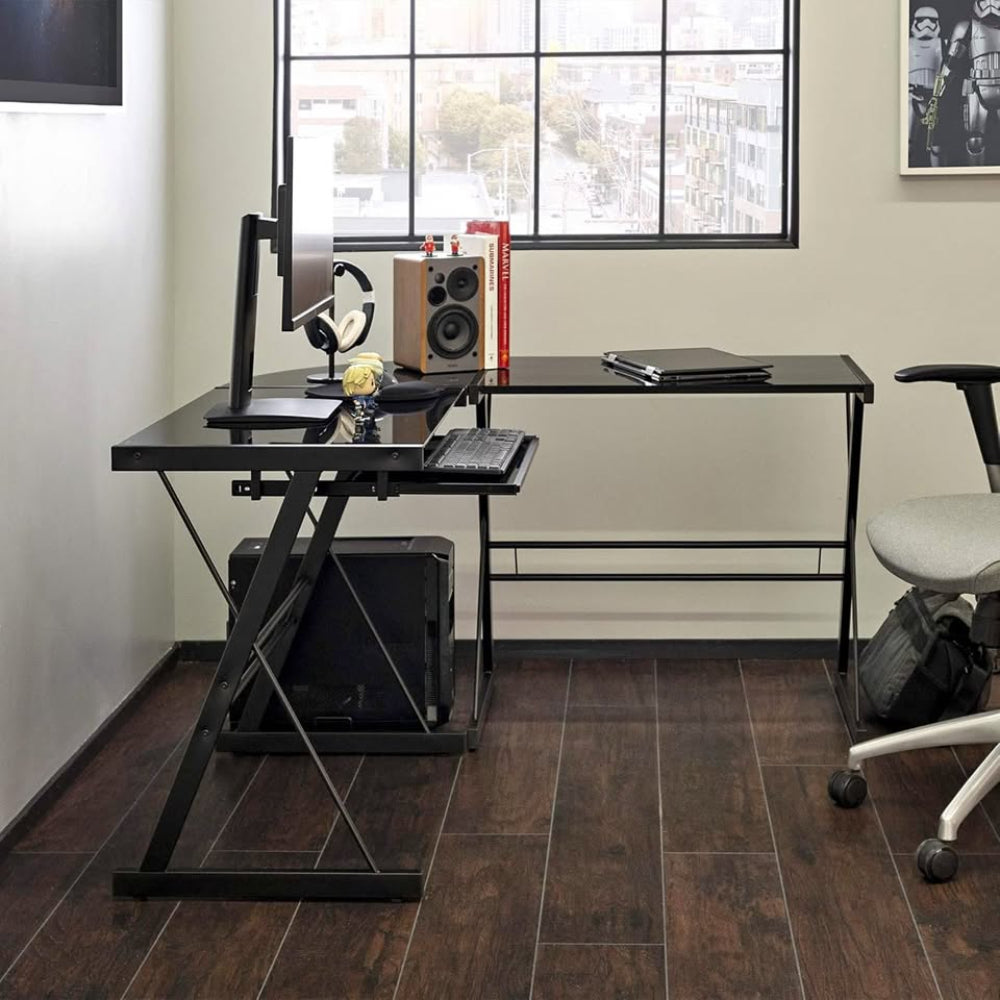 51" Modern Metal Glass Corner Computer Desk - Black