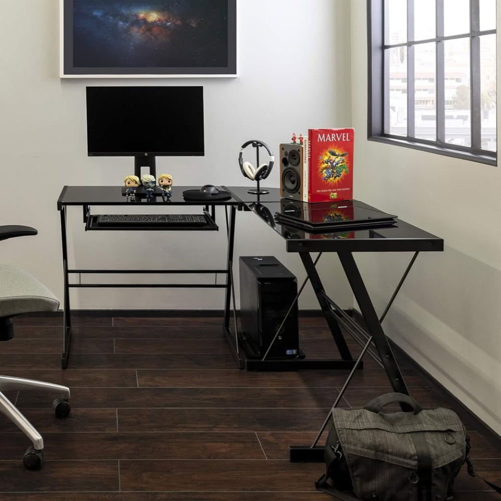 51" Modern Metal Glass Corner Computer Desk - Black