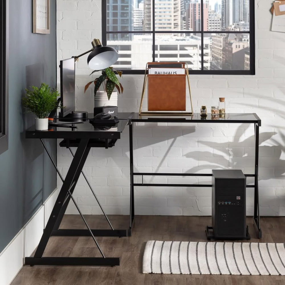 51" Modern Metal Glass Corner Computer Desk - Black