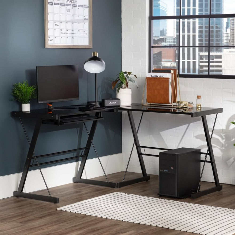 51" Modern Metal Glass Corner Computer Desk - Black