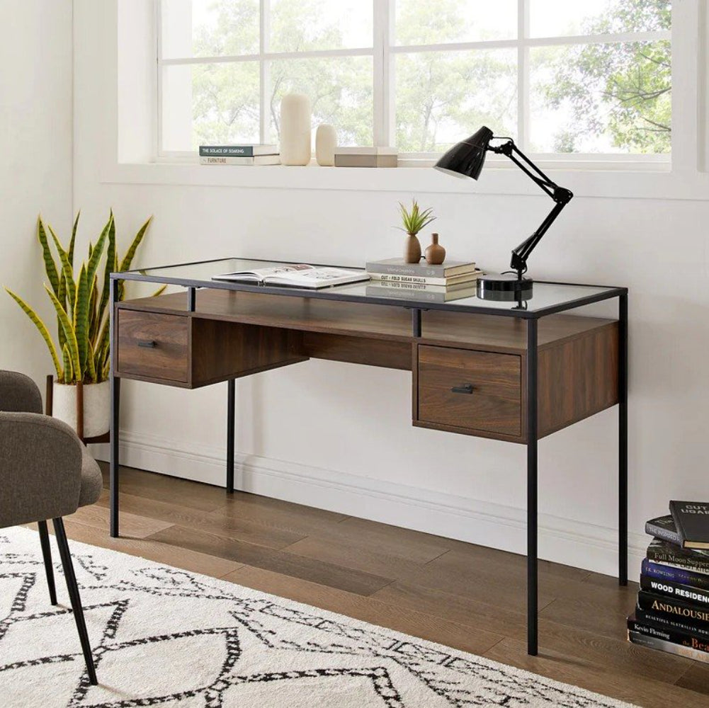 Fulton 56" 2 Drawer Glass Top Desk - Dark Walnut