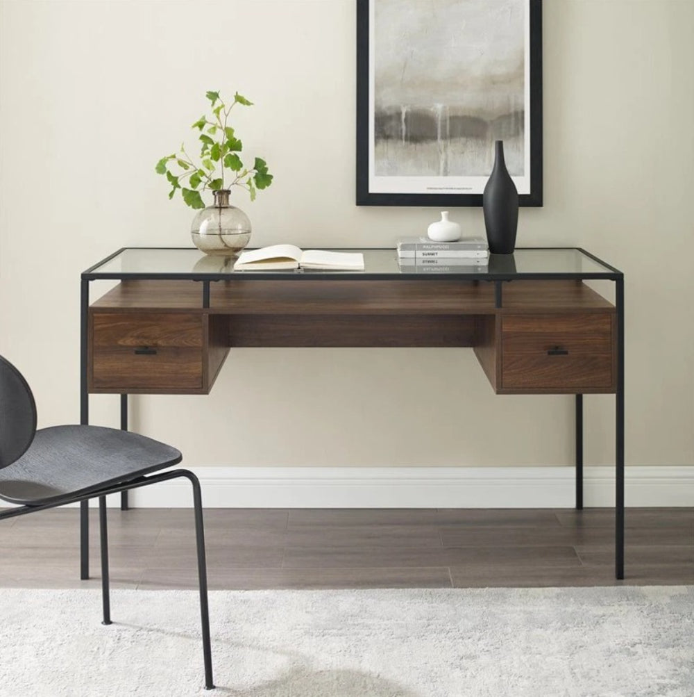 Fulton 56" 2 Drawer Glass Top Desk - Dark Walnut