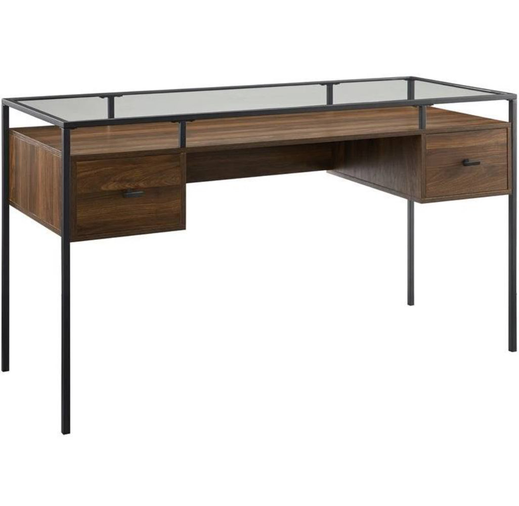 Fulton 56" 2 Drawer Glass Top Desk - Dark Walnut