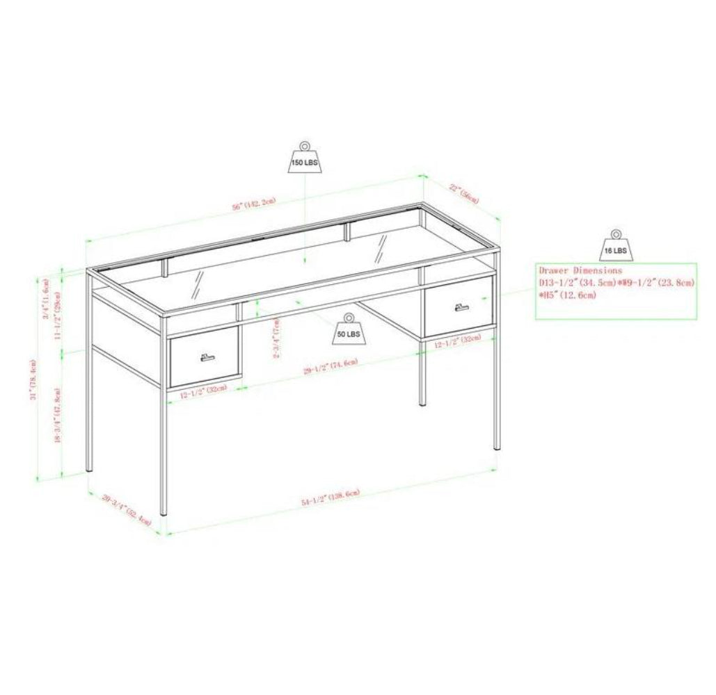 Fulton 56" 2 Drawer Glass Top Desk - Dark Walnut
