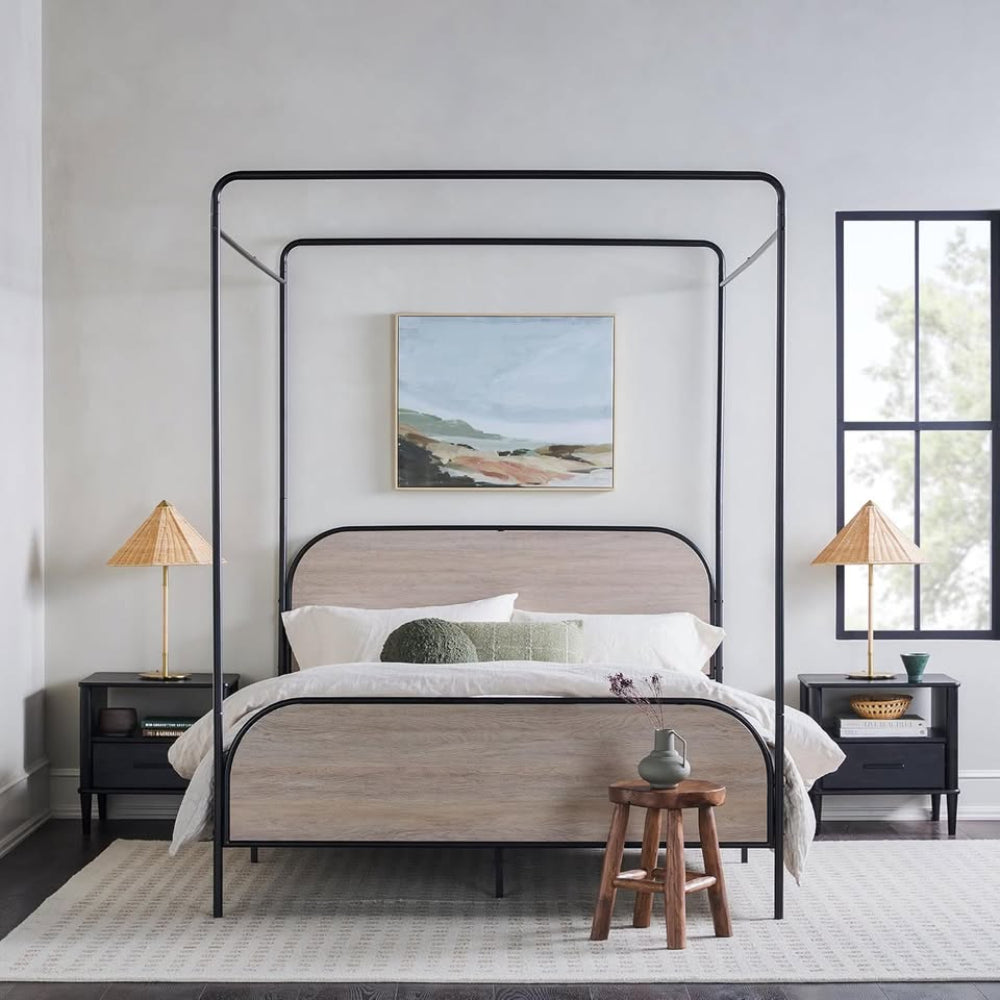 Industrial Bent Metal Queen Canopy Bed - Smoked Oak