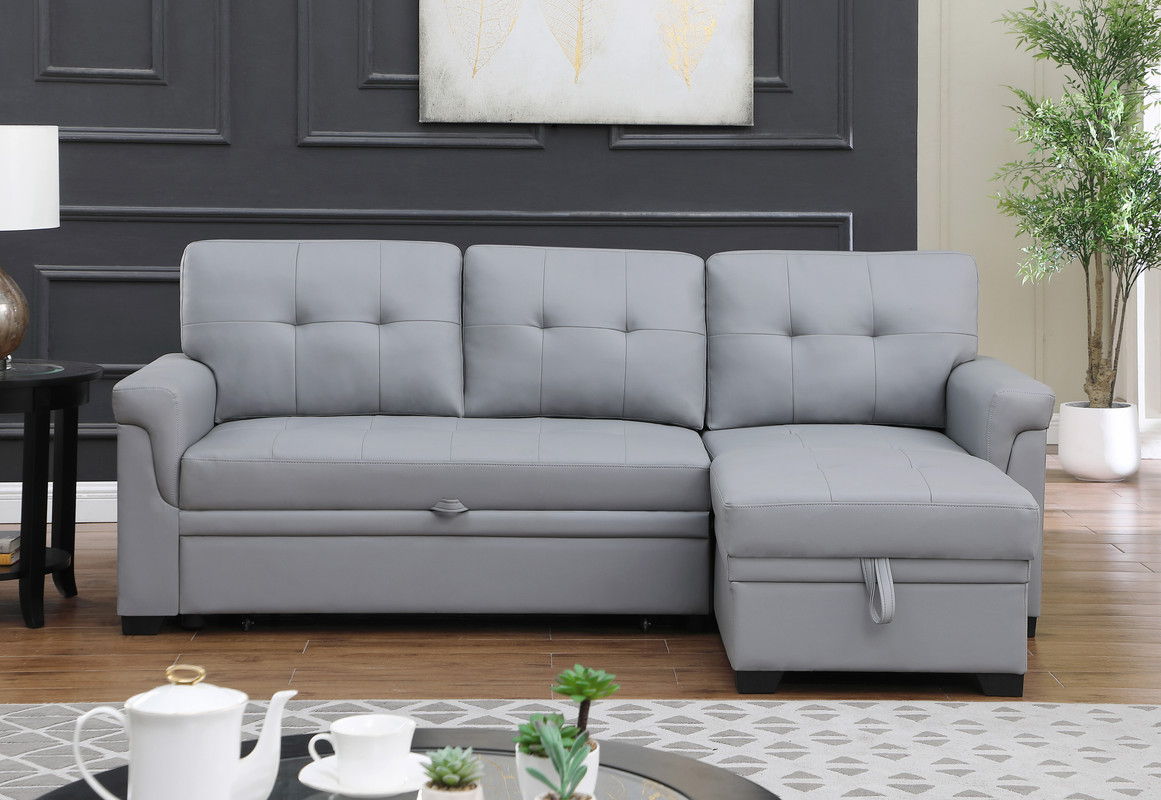 Lucca 84"W Gray Vegan Leather Modern Reversible Sleeper Sectional Sofa with Storage Chaise