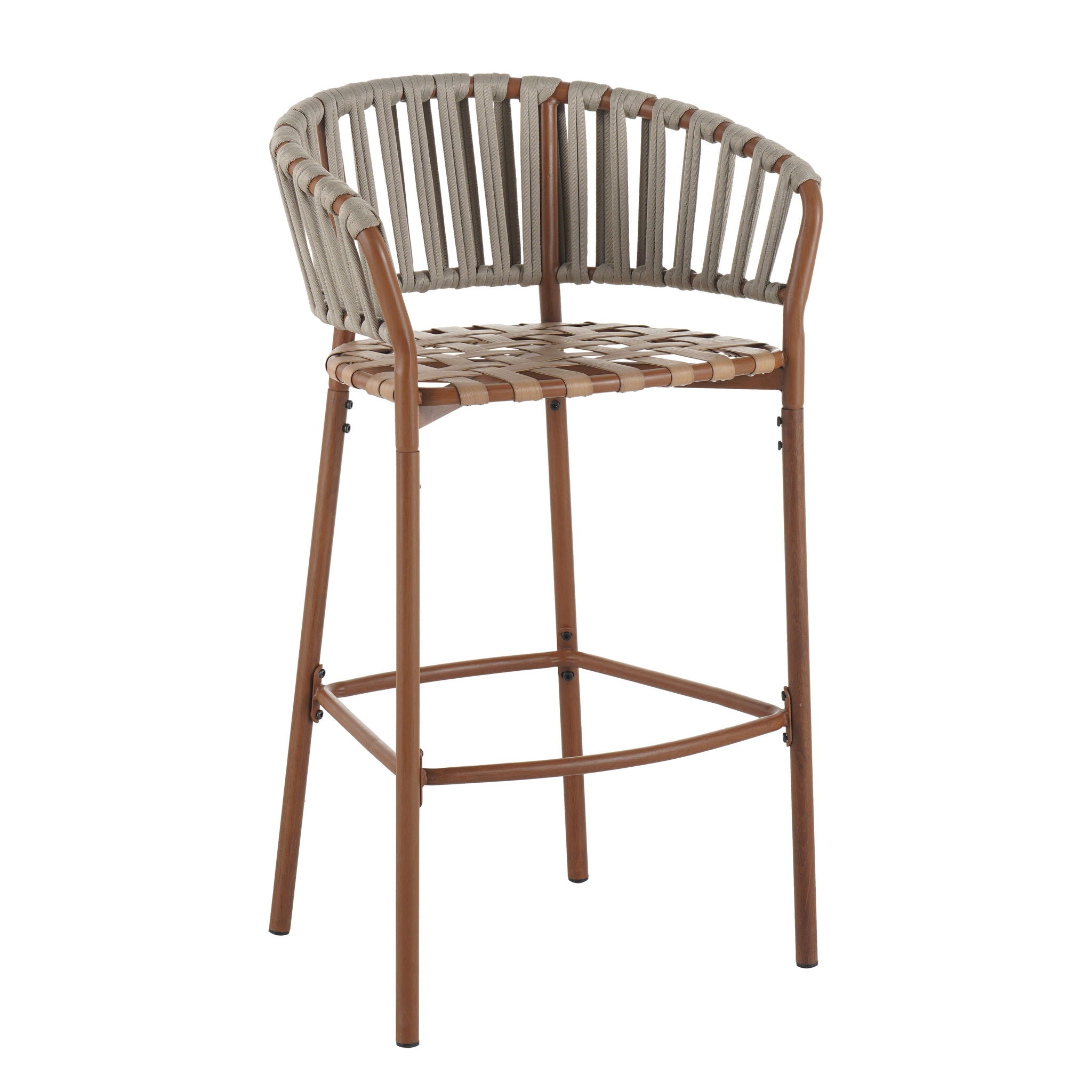 Lodi - Outdoor Matal Rope Barstool, Teak / Beige (Set of 2) - Teak / Beige