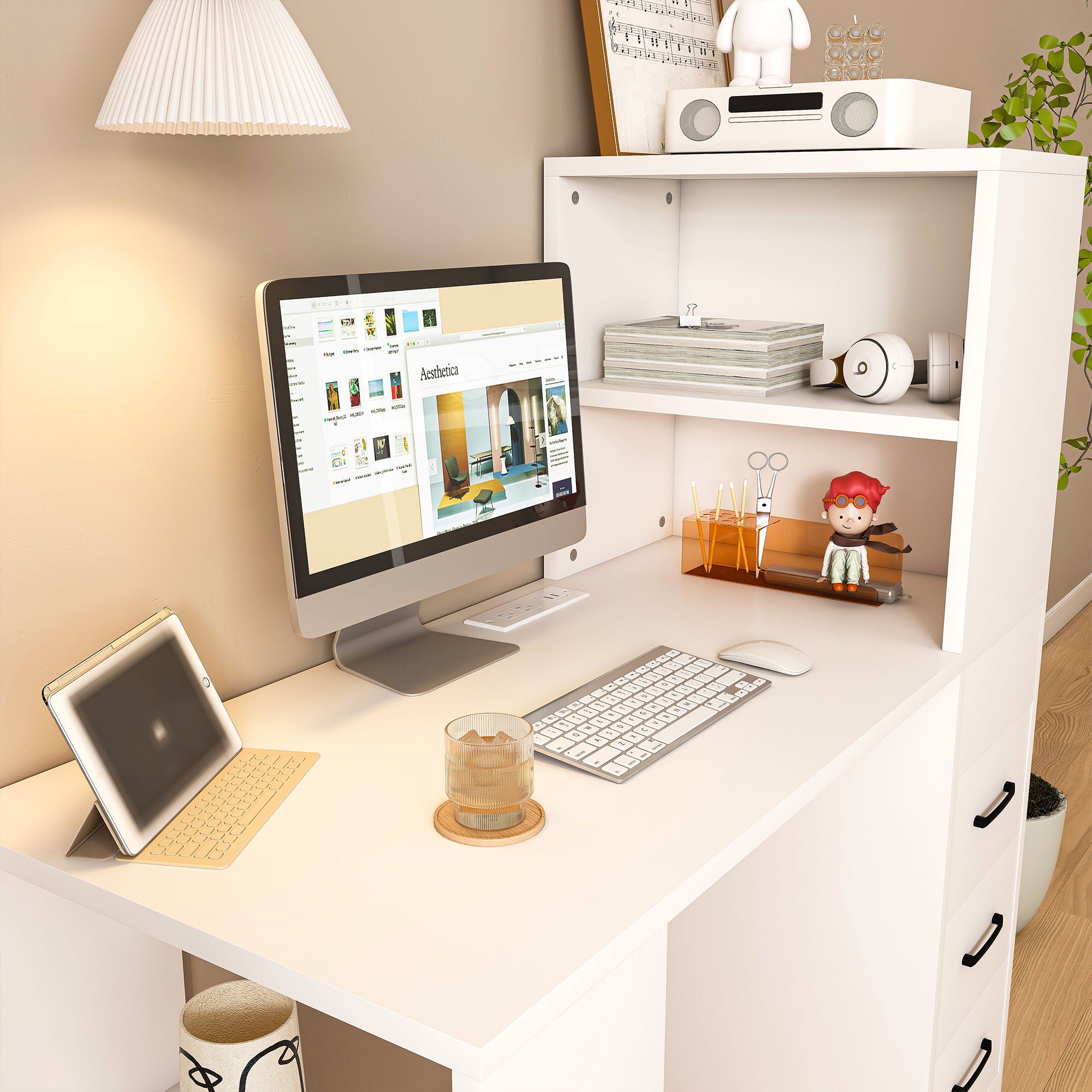 Computer Desk With 4 In 1 Socket & 3 Drawers, 4 Tier Shelves