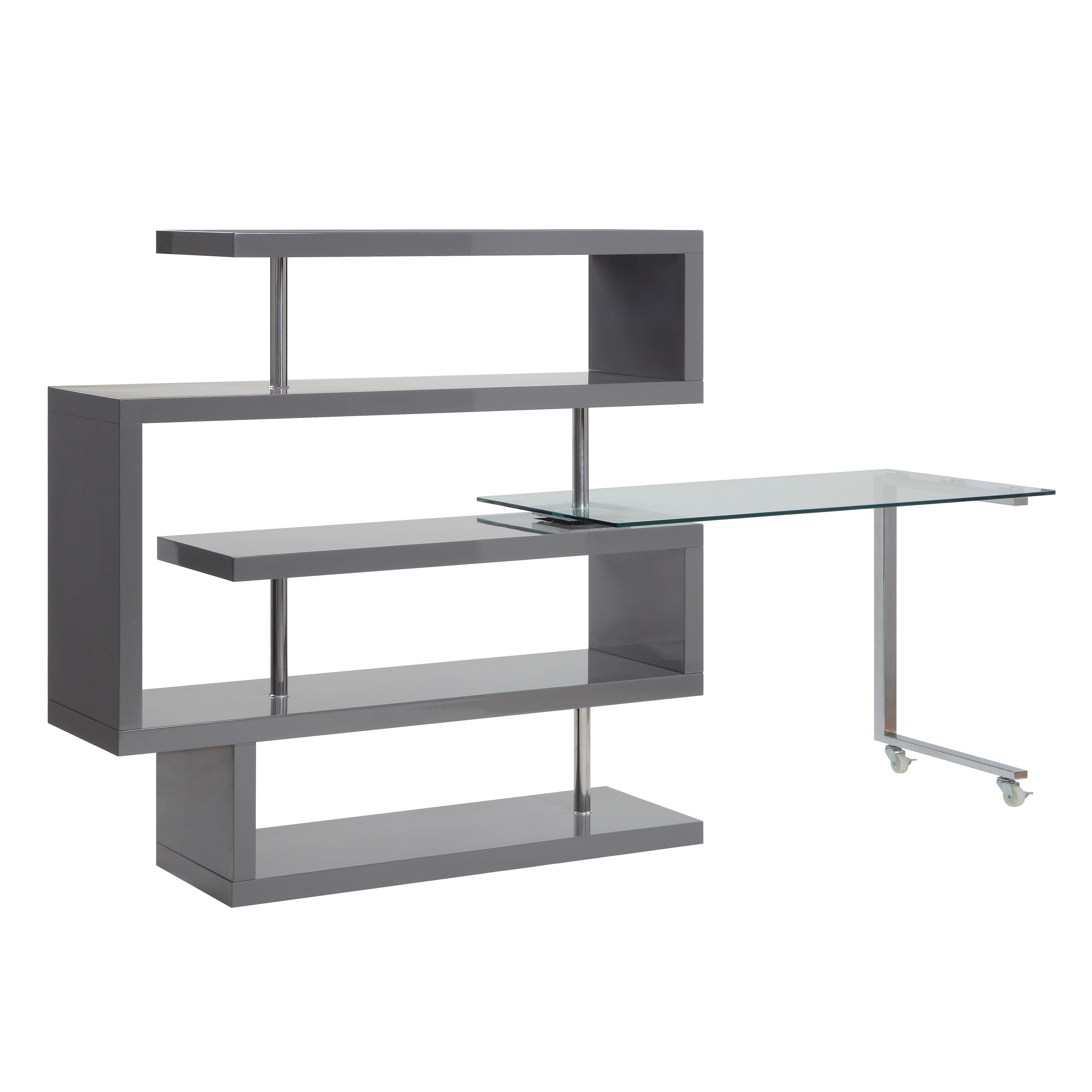 ACME Writing Desk w/Swivel Function 360 Open Storage: 4 Shelves Clear Glass Desk Top High Gloss Finish 2 Wheels Included | Meri Furniture