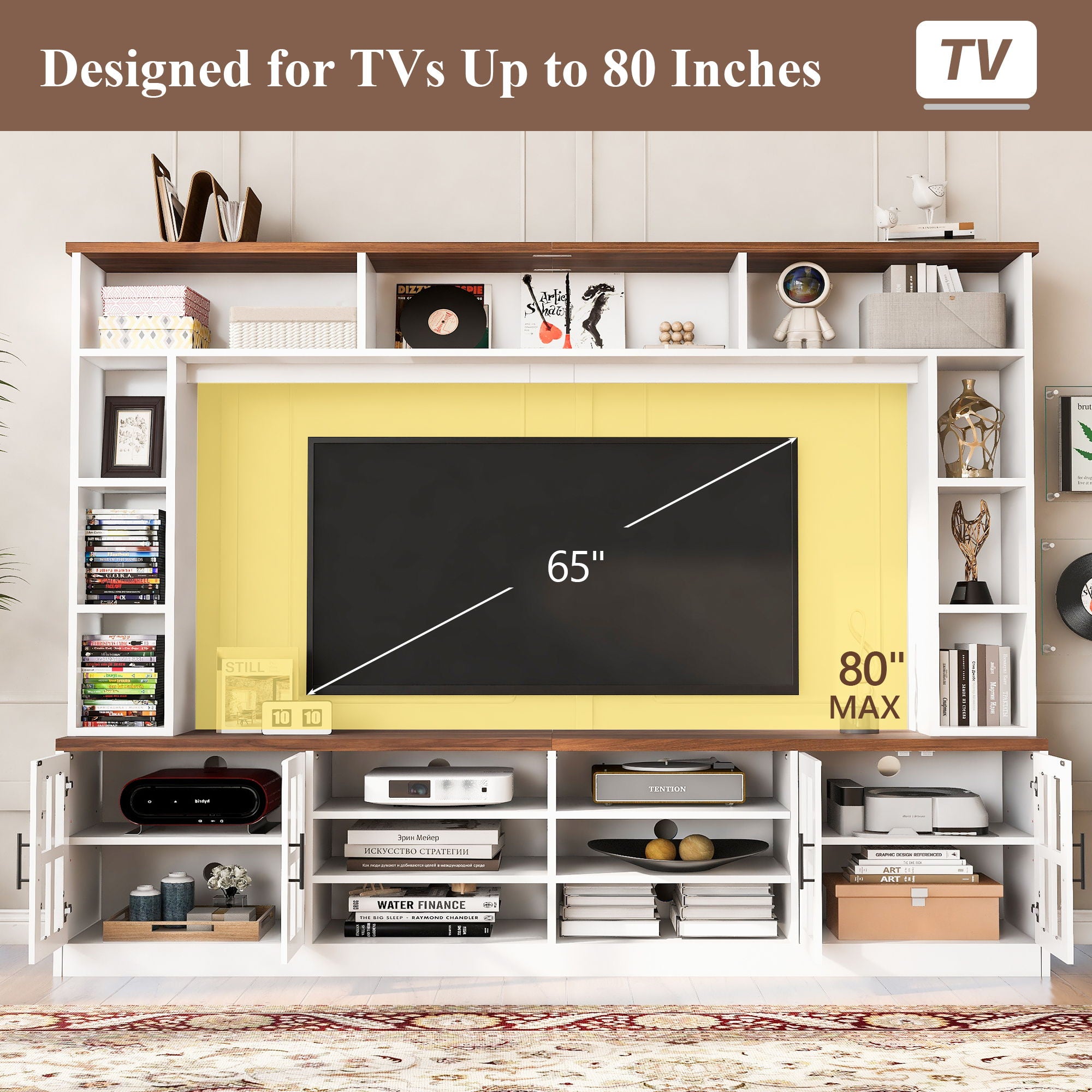 Wall Unit Entertainment Center With Bookshelves For TVs Up To 80", Tempered Glass Doors And Adjustable Shelves
